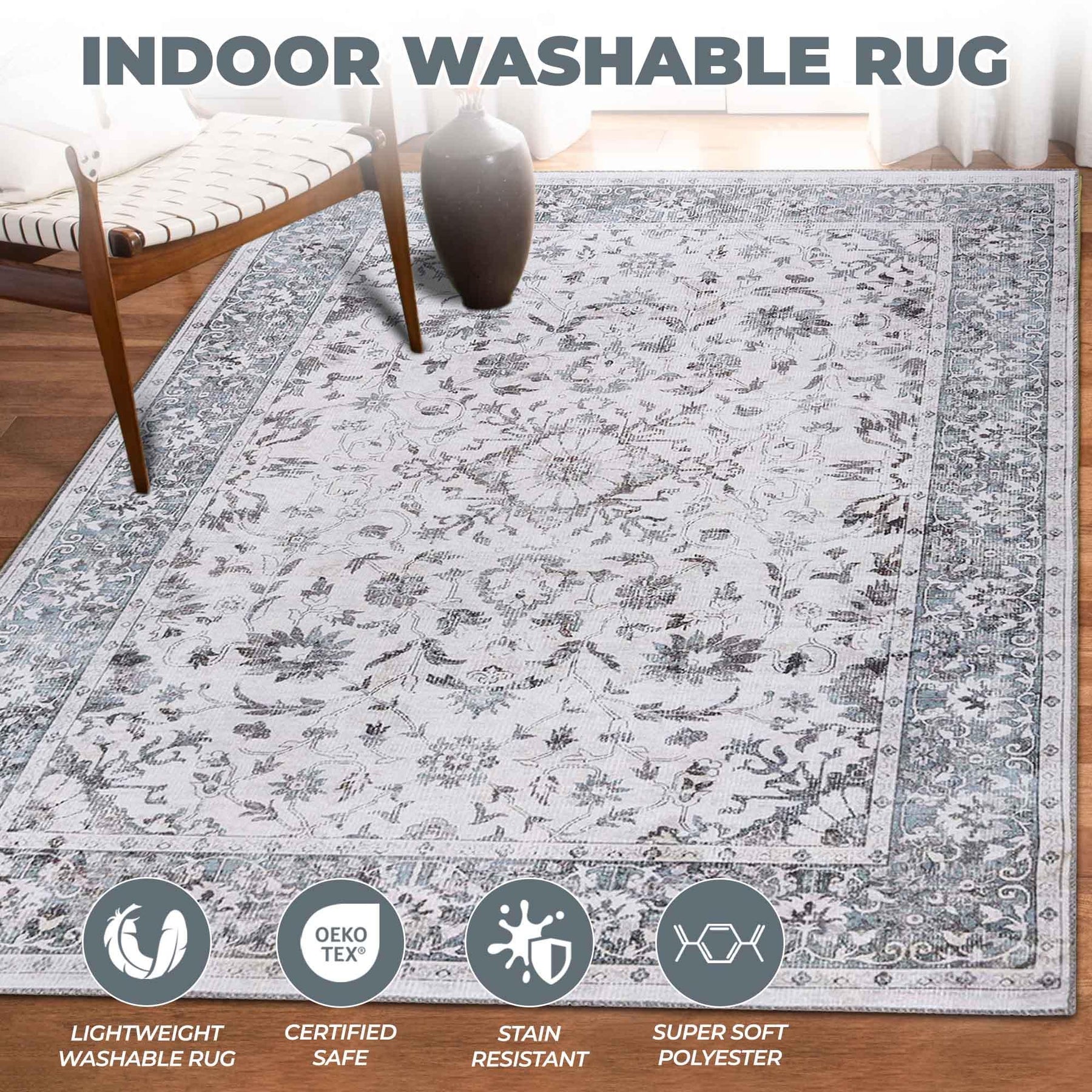 Agra Floral Scroll Washable Indoor Area Rugs or Runner Rug