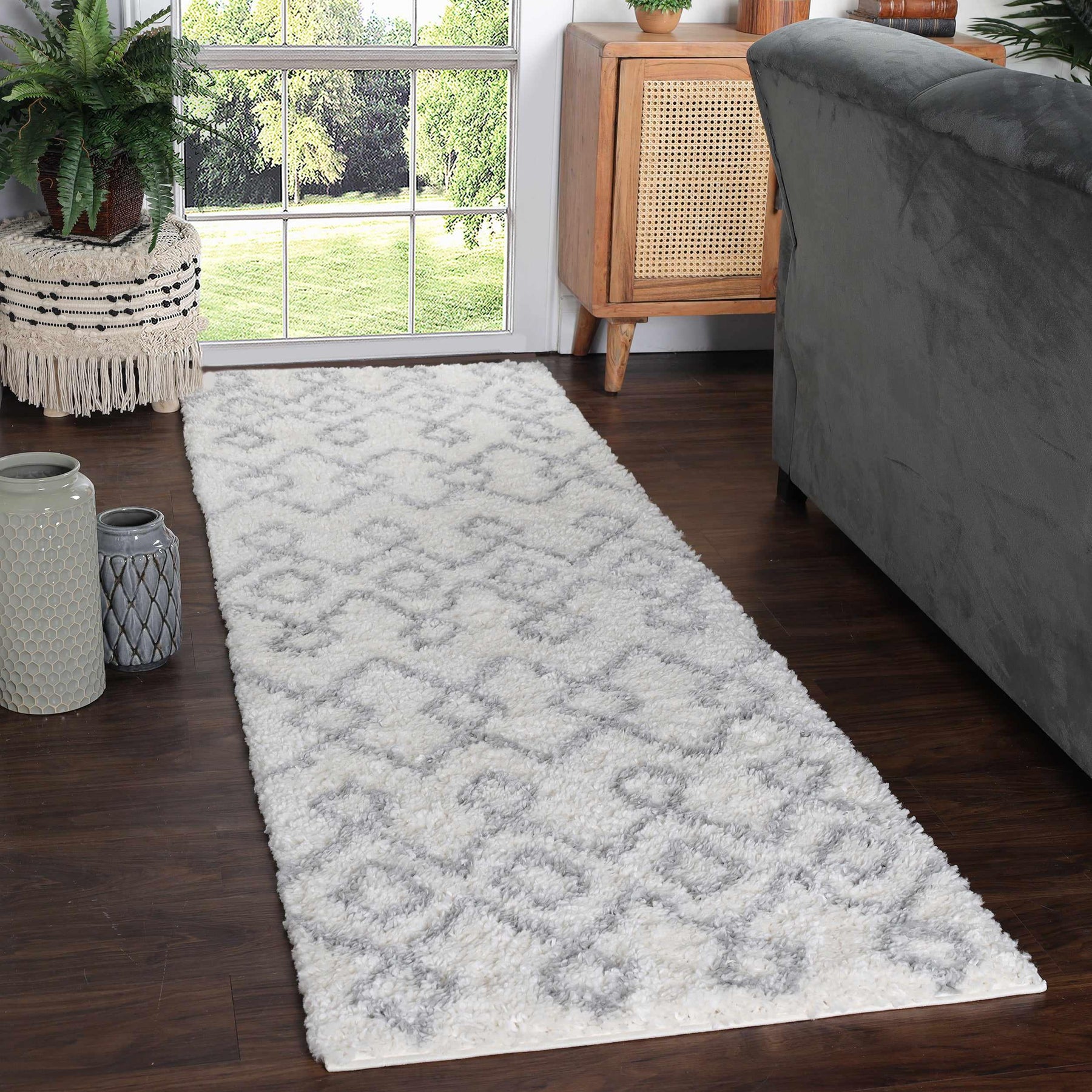 Alia Boho Geometric Diamonds Indoor Plush Shag Area Rug Or Runner Rug