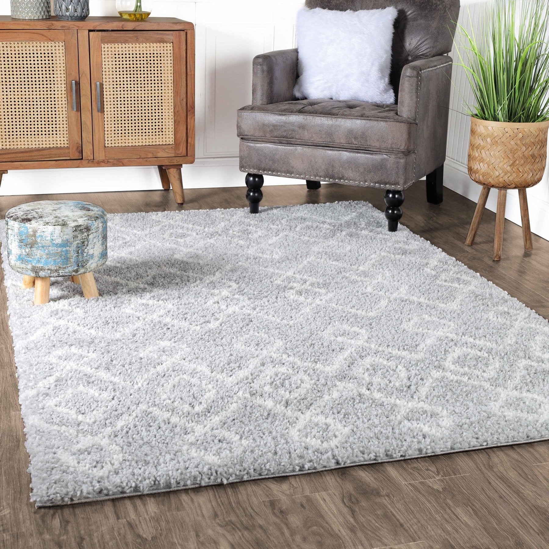 Alia Boho Geometric Diamonds Indoor Plush Shag Area Rug Or Runner Rug