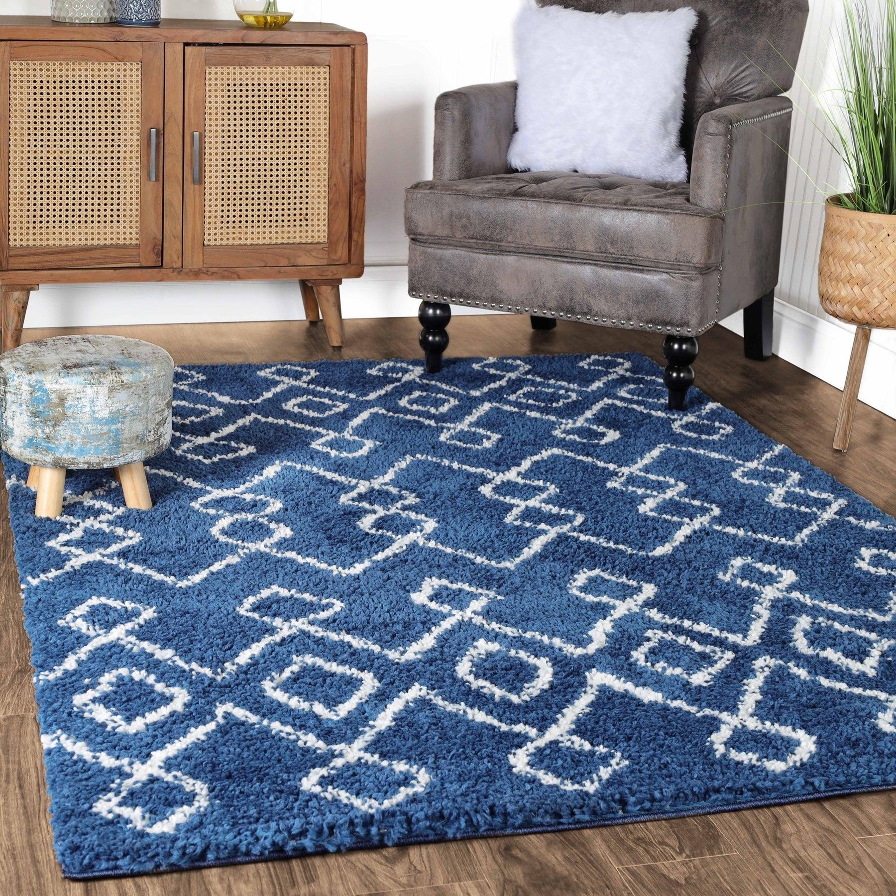 Alia Boho Geometric Diamonds Indoor Plush Shag Area Rug Or Runner Rug