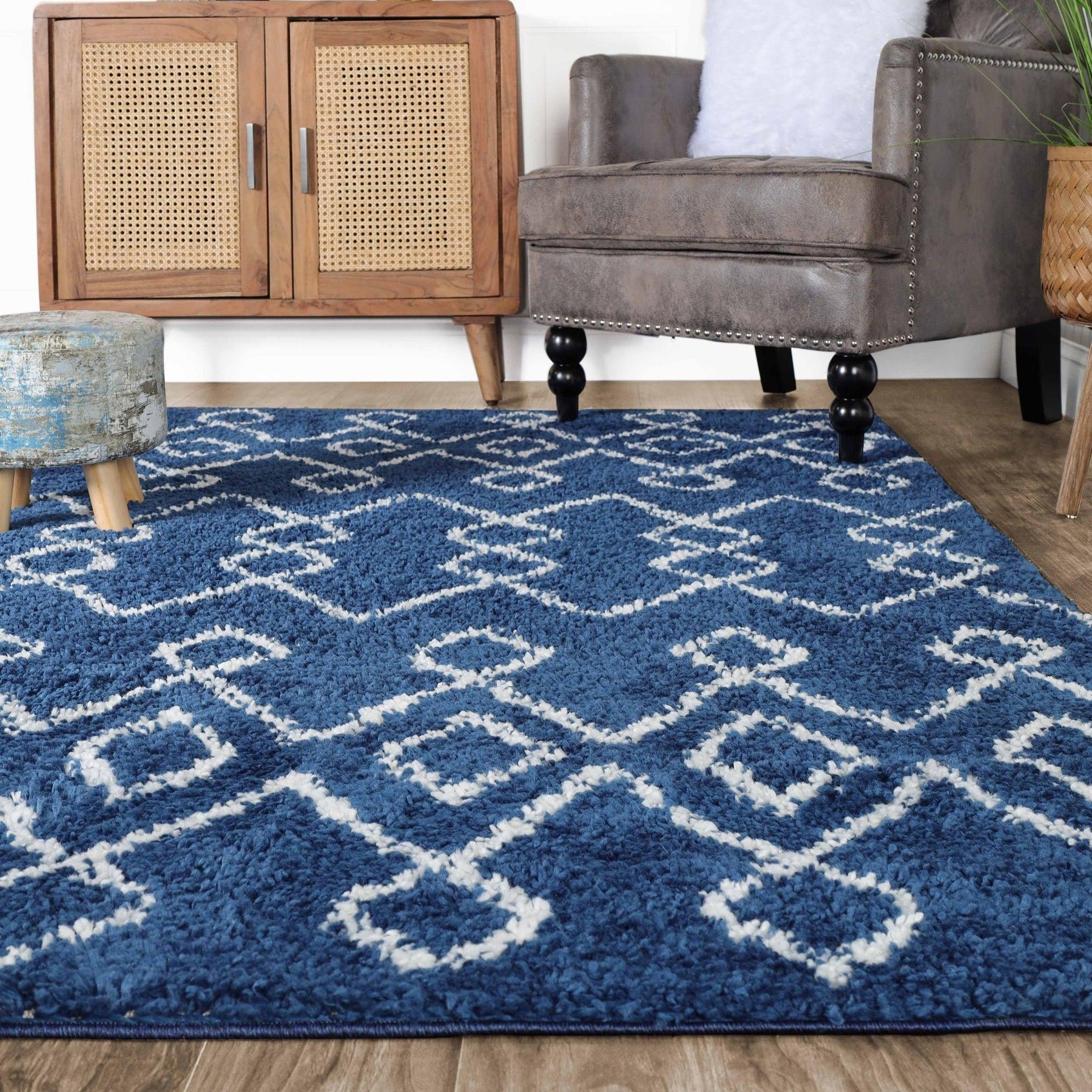 Alia Boho Geometric Diamonds Indoor Plush Shag Area Rug Or Runner Rug