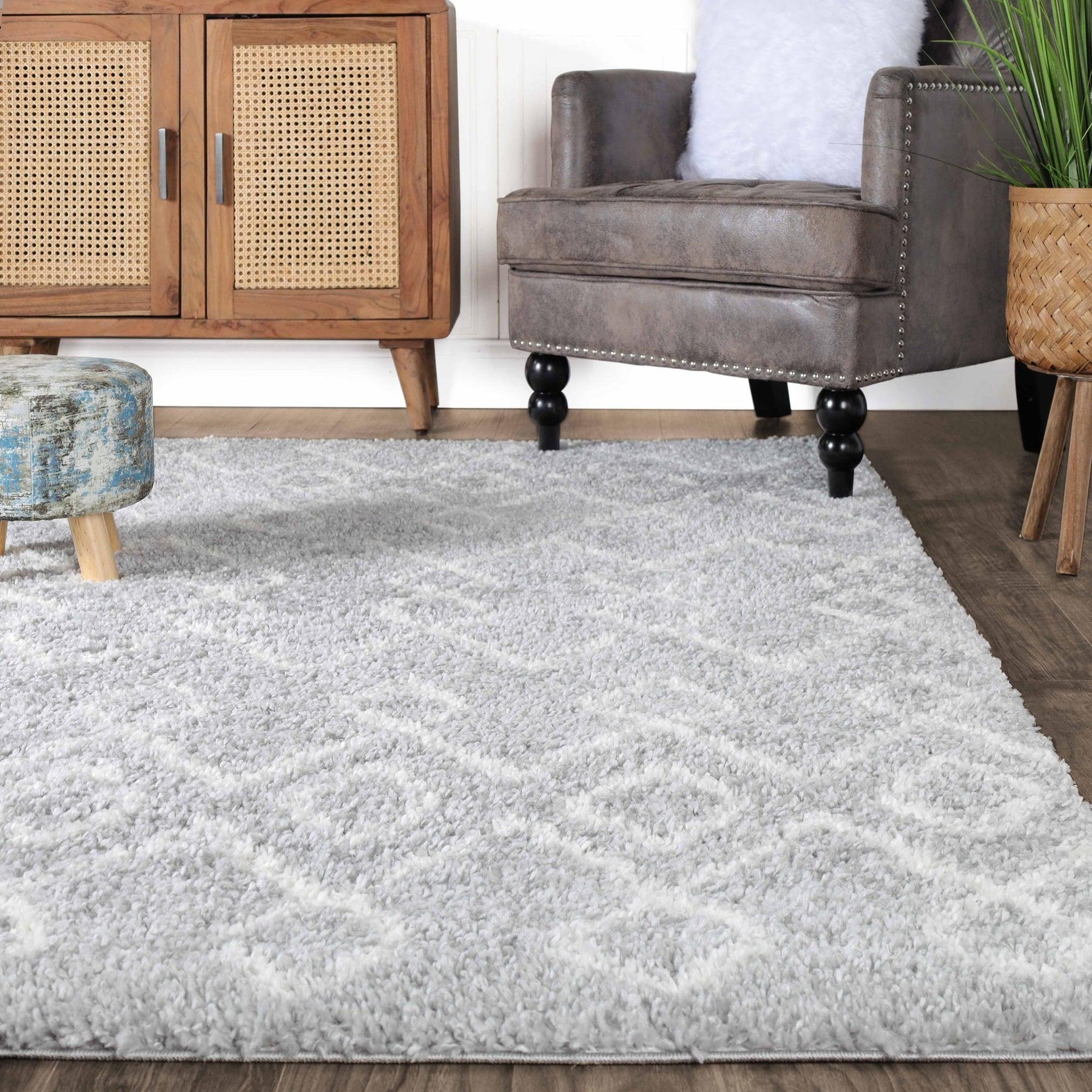 Alia Boho Geometric Diamonds Indoor Plush Shag Area Rug Or Runner Rug