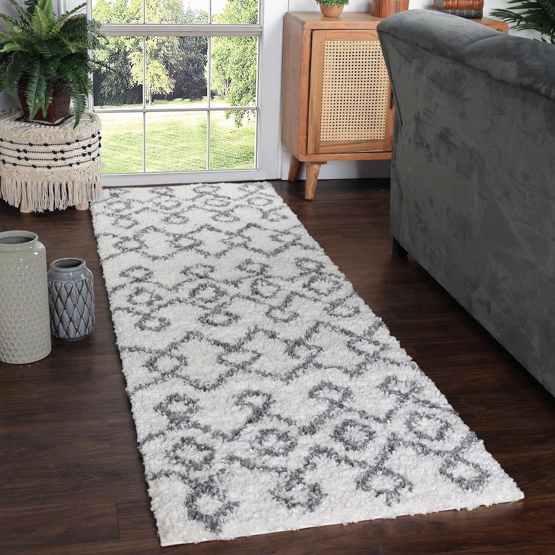 Alia Boho Geometric Diamonds Indoor Plush Shag Area Rug Or Runner Rug
