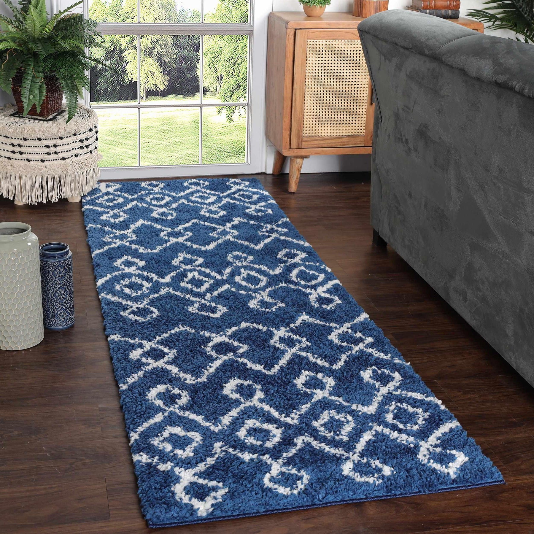 Alia Boho Geometric Diamonds Indoor Plush Shag Area Rug Or Runner Rug