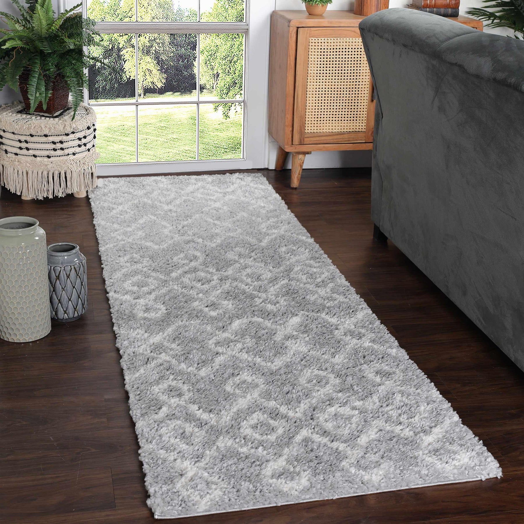 Alia Boho Geometric Diamonds Indoor Plush Shag Area Rug Or Runner Rug