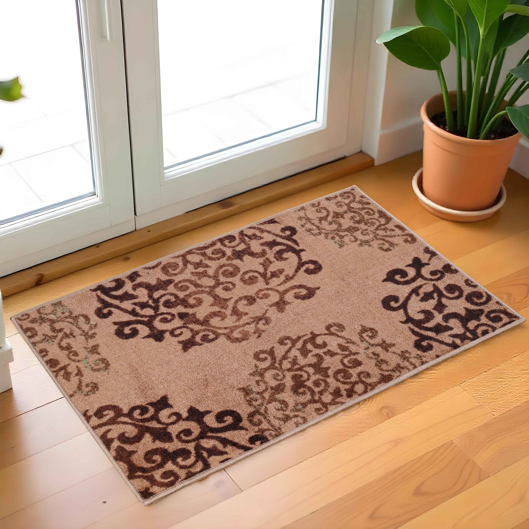 Amber Floral Scroll Medallion Non-Slip Washable Indoor Area Rug or Runner