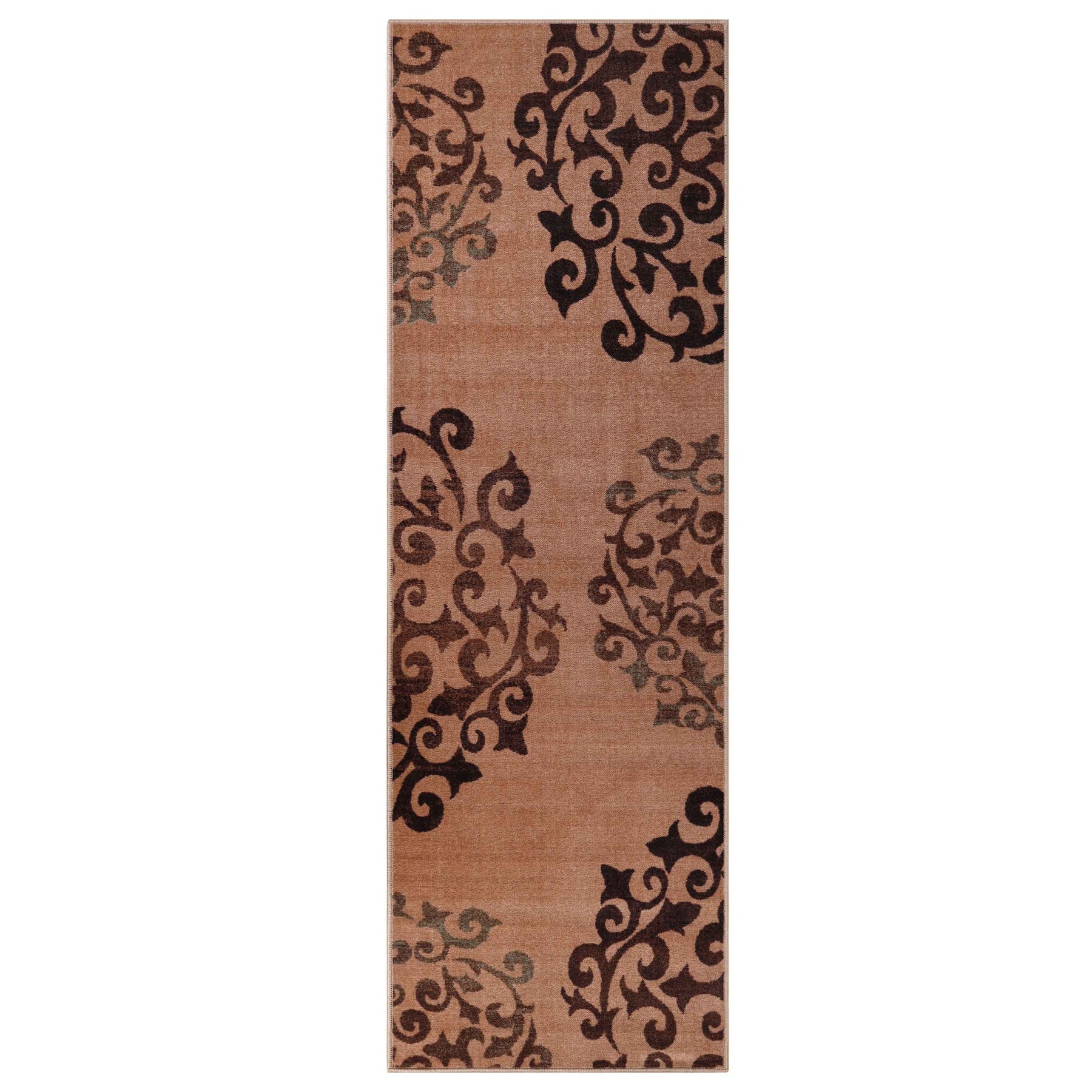 Amber Floral Scroll Medallion Non-Slip Washable Indoor Area Rug or Runner