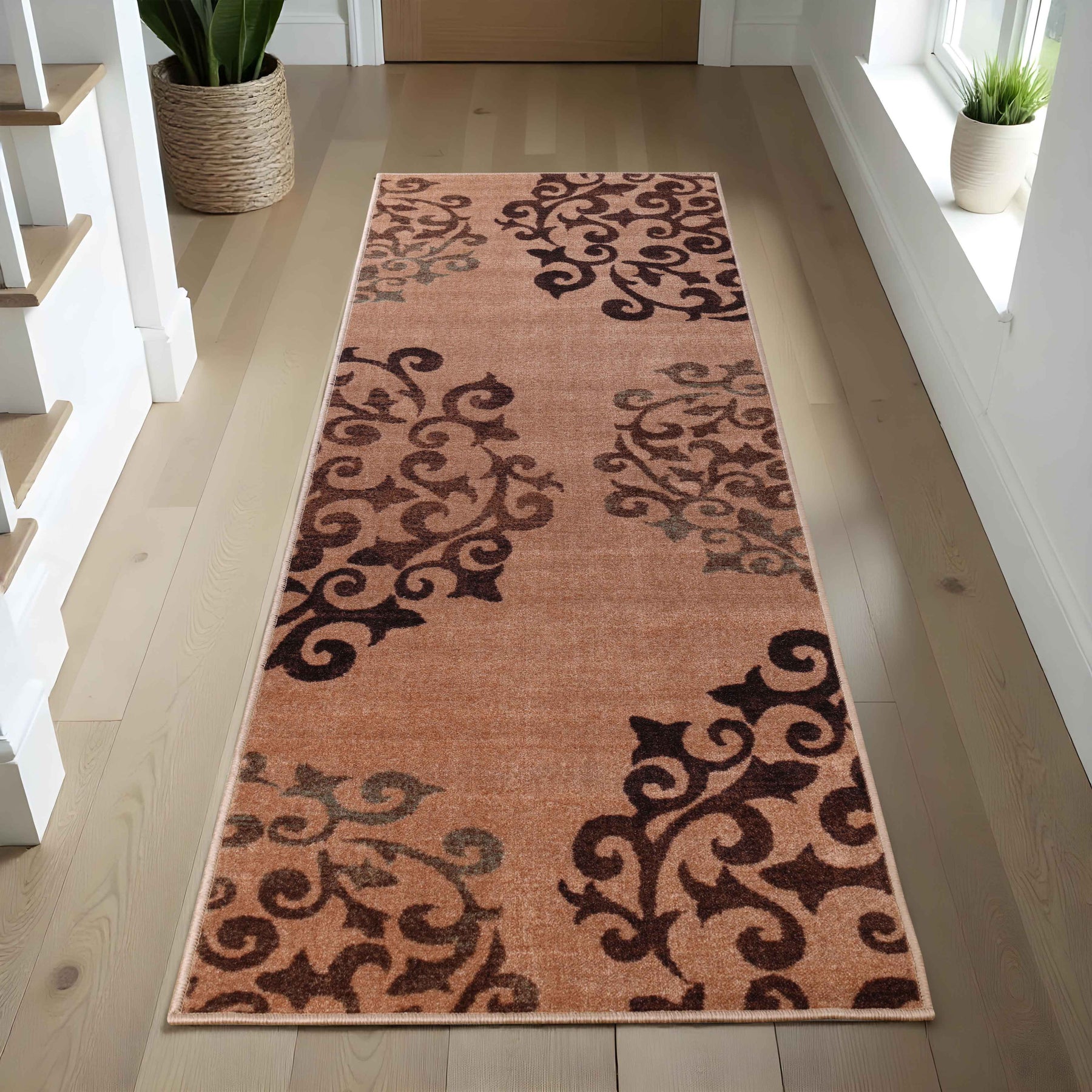 Amber Floral Scroll Medallion Non-Slip Washable Indoor Area Rug or Runner