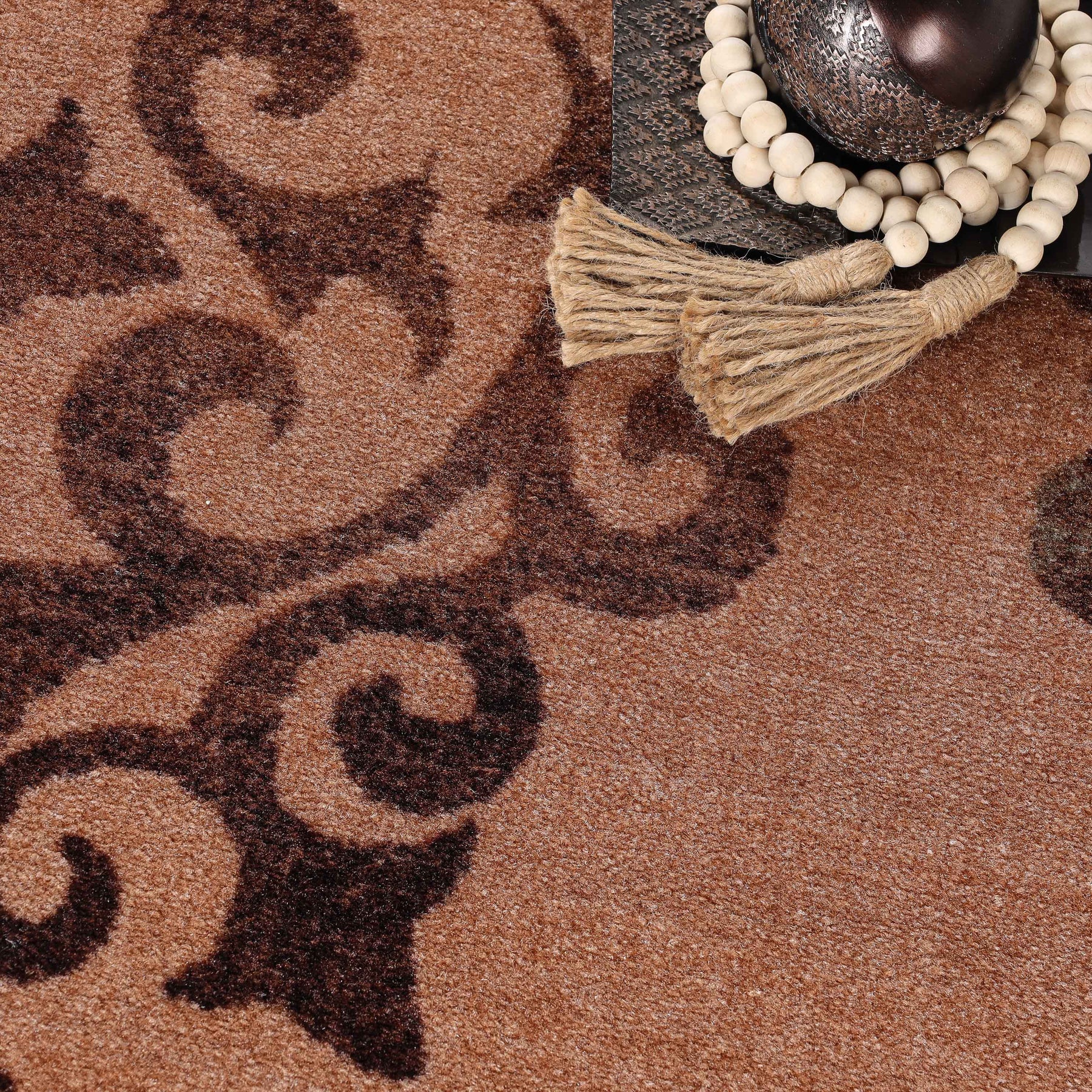 Amber Floral Scroll Medallion Non-Slip Washable Indoor Area Rug or Runner