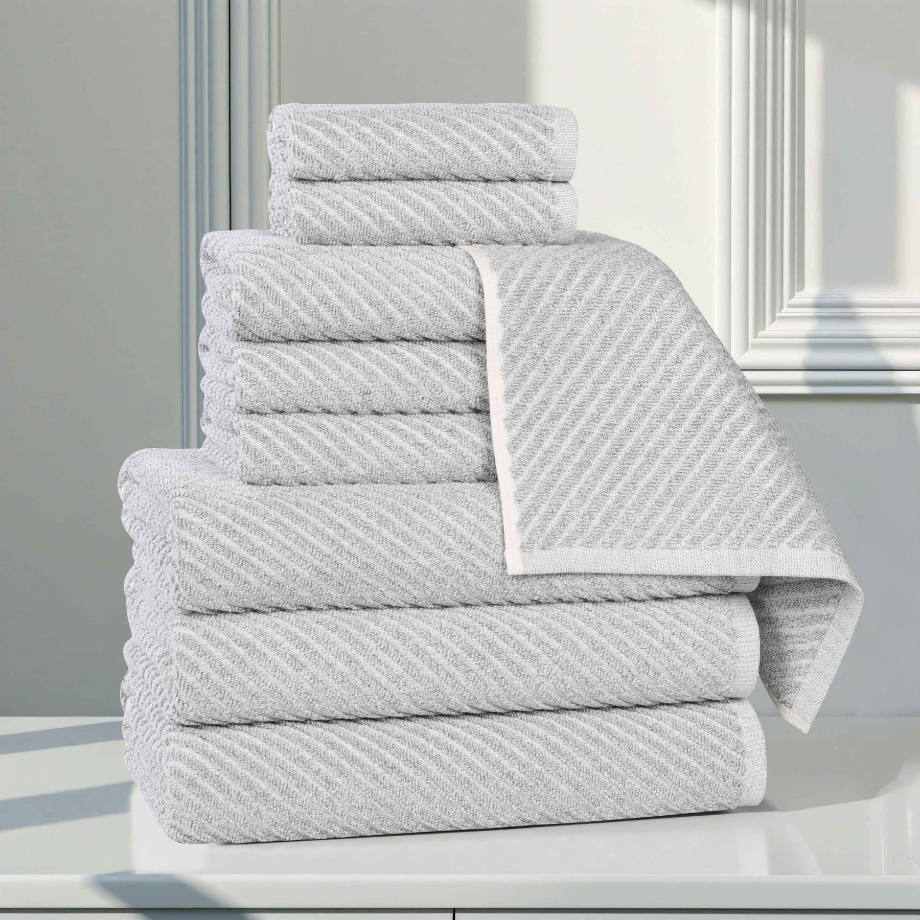 Amelia Cotton Blend Textured Diagonal Ribbed 9 Piece Towel Set