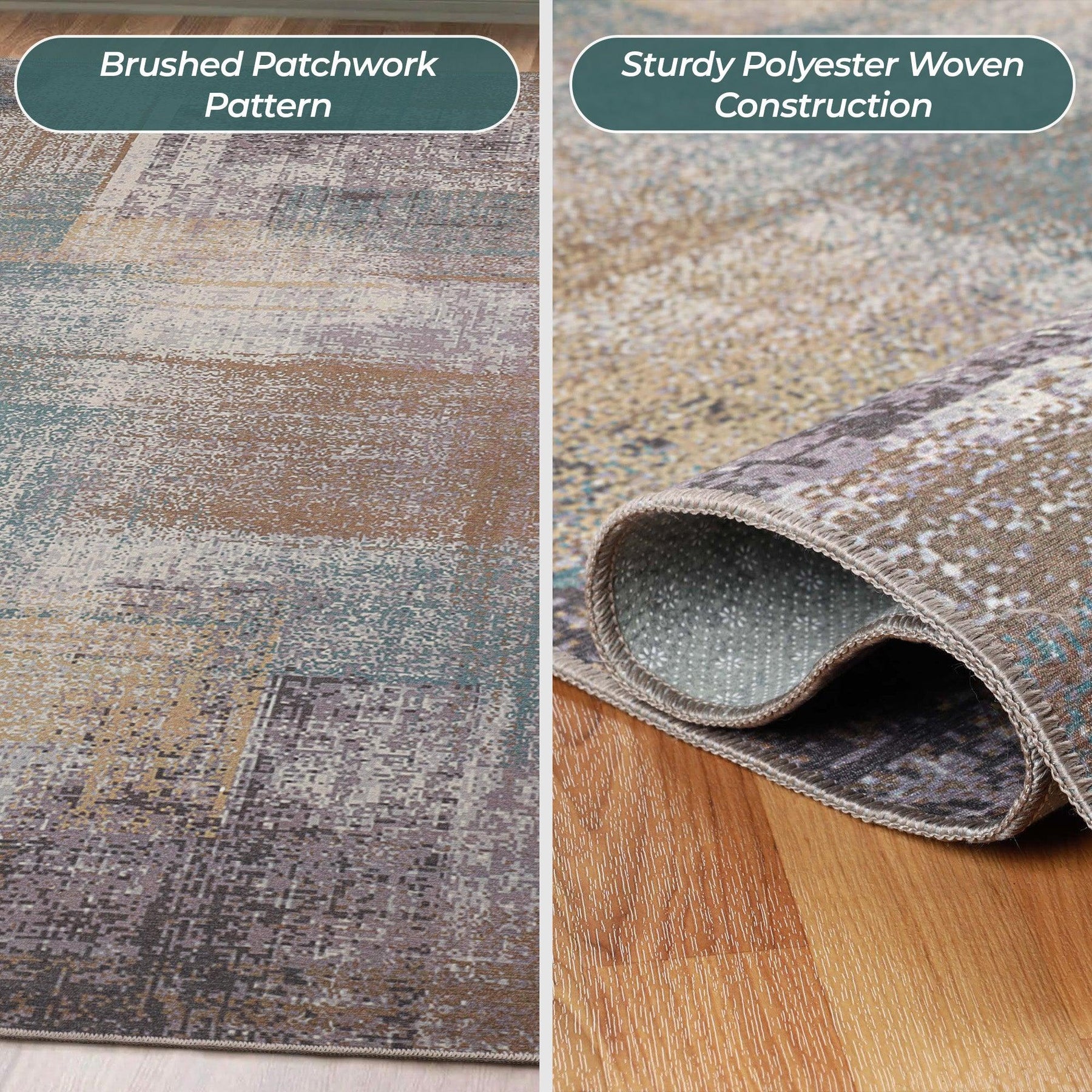 Ara Brushed Patchwork Non-Slip Washable Indoor Area Rug or Runner