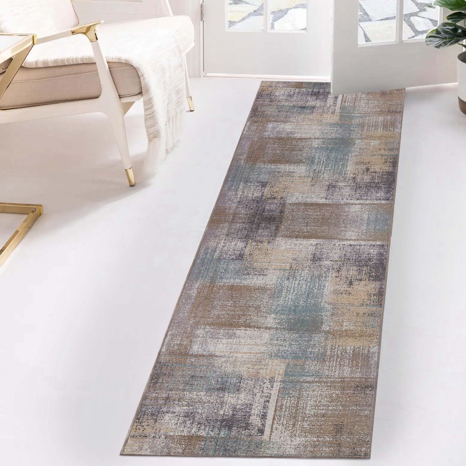 Ara Brushed Patchwork Non-Slip Washable Indoor Area Rug or Runner