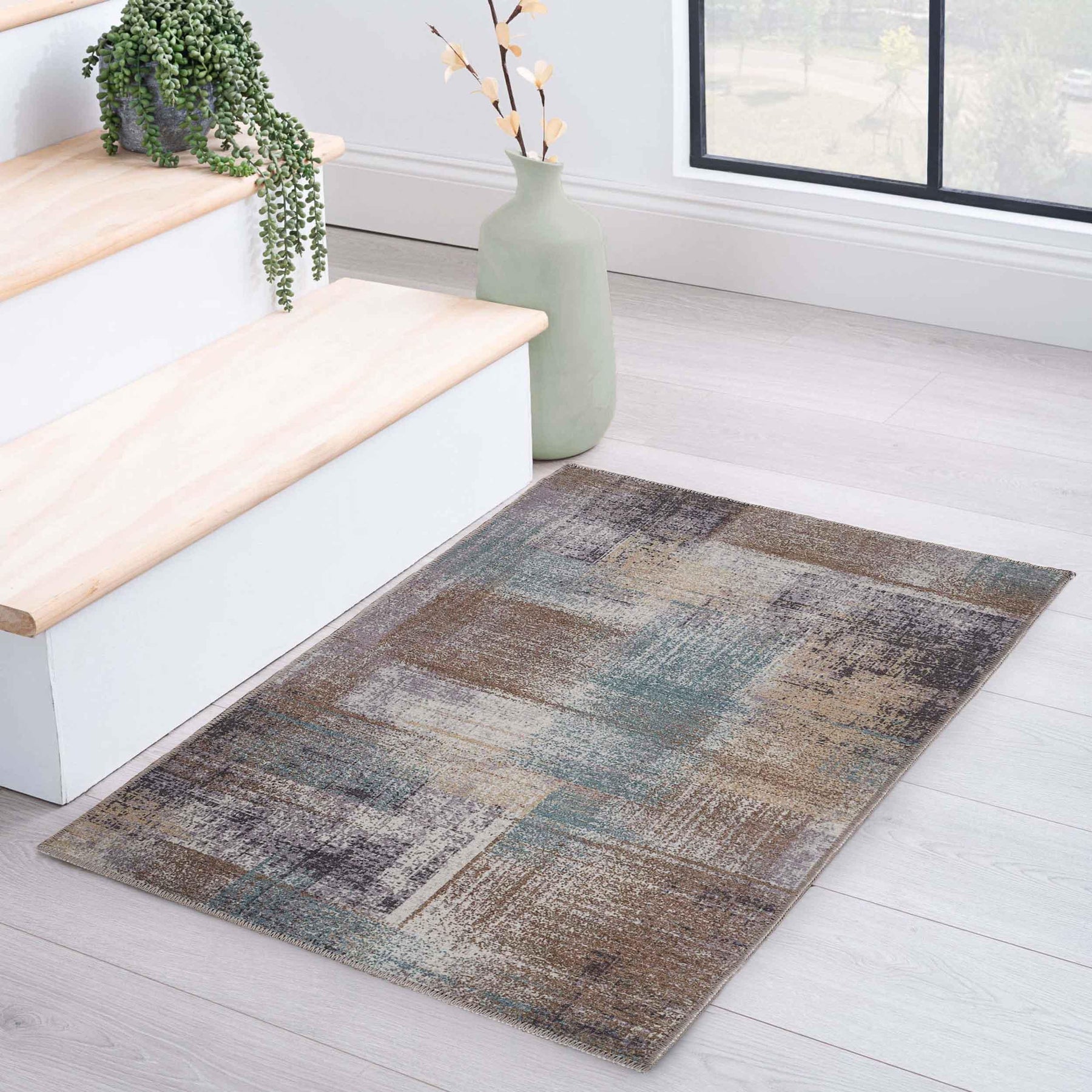 Ara Brushed Patchwork Non-Slip Washable Indoor Area Rug or Runner