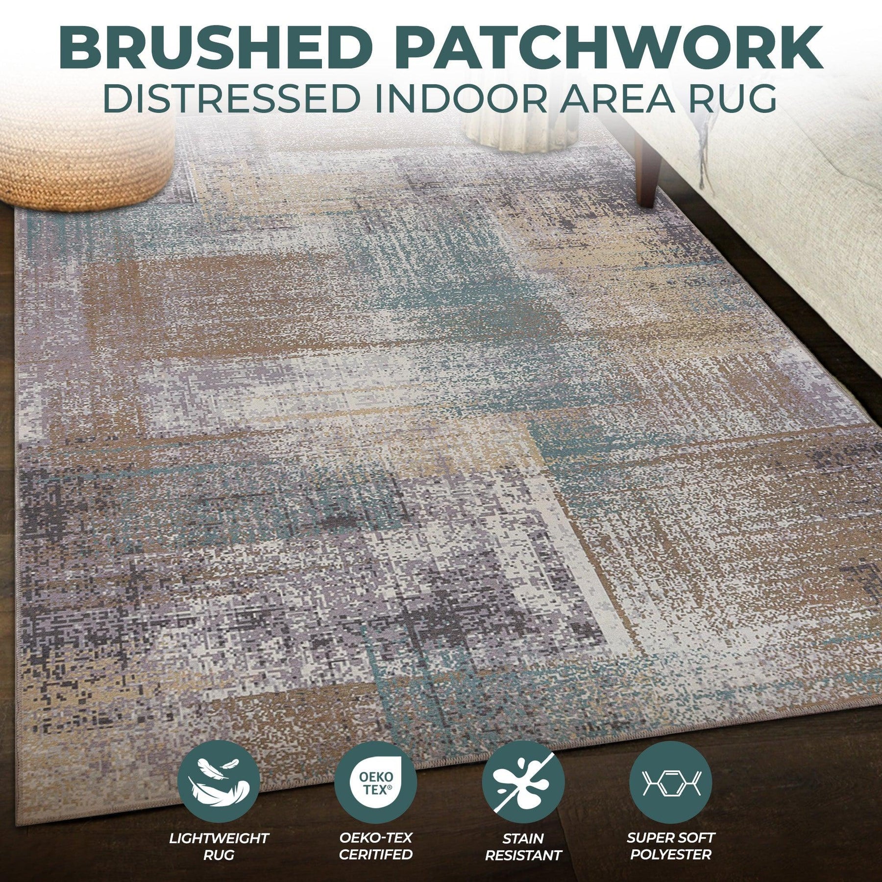 Ara Brushed Patchwork Non-Slip Washable Indoor Area Rug or Runner