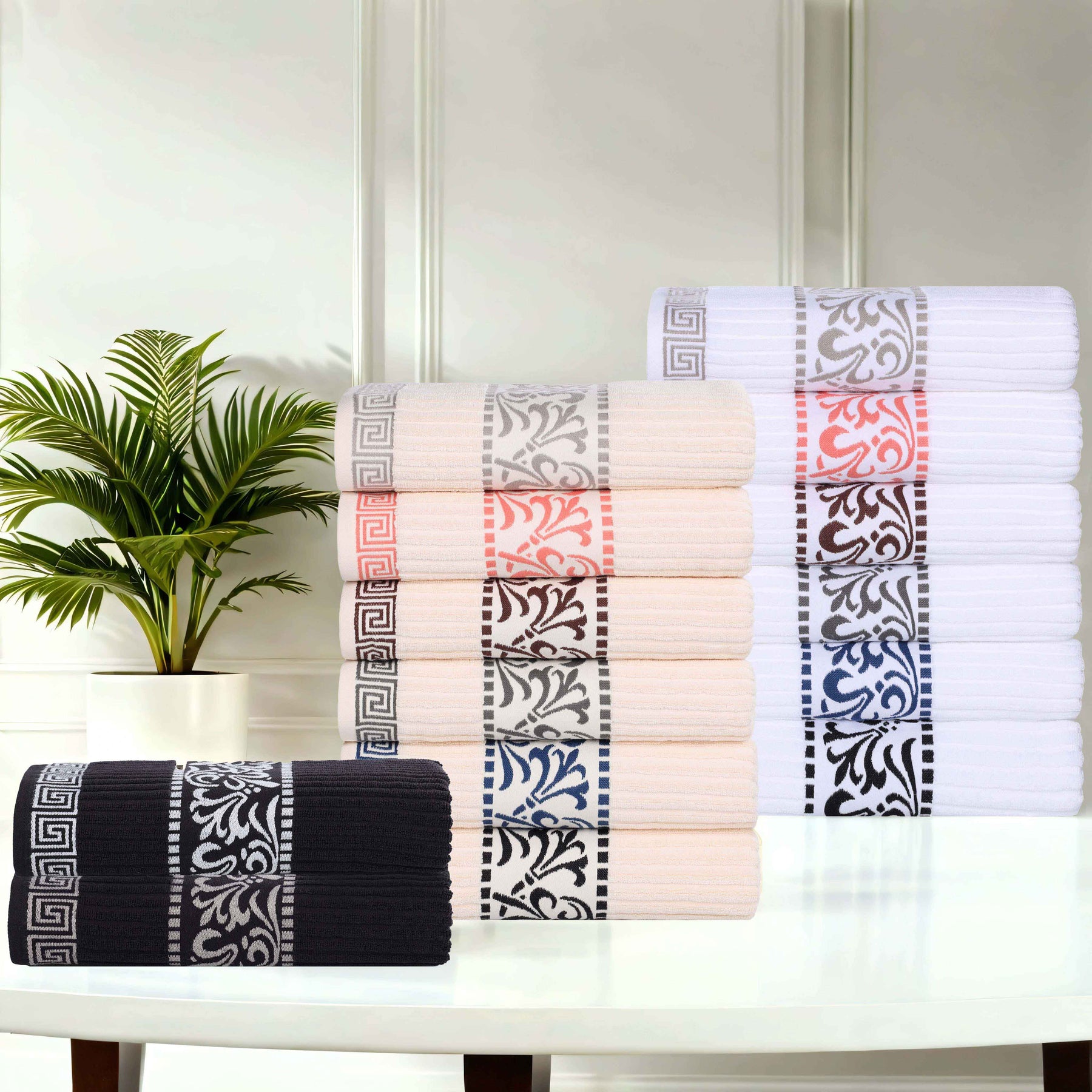 Athens Cotton Greek Key Trim Bath Towel Set of 4