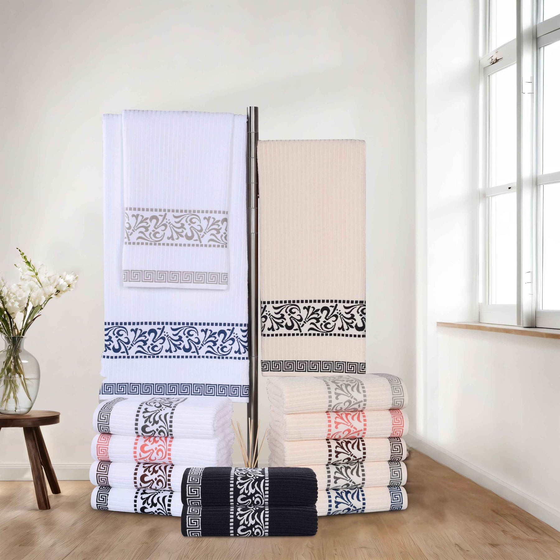Athens Cotton Greek Key Trim Bath Towel Set of 4
