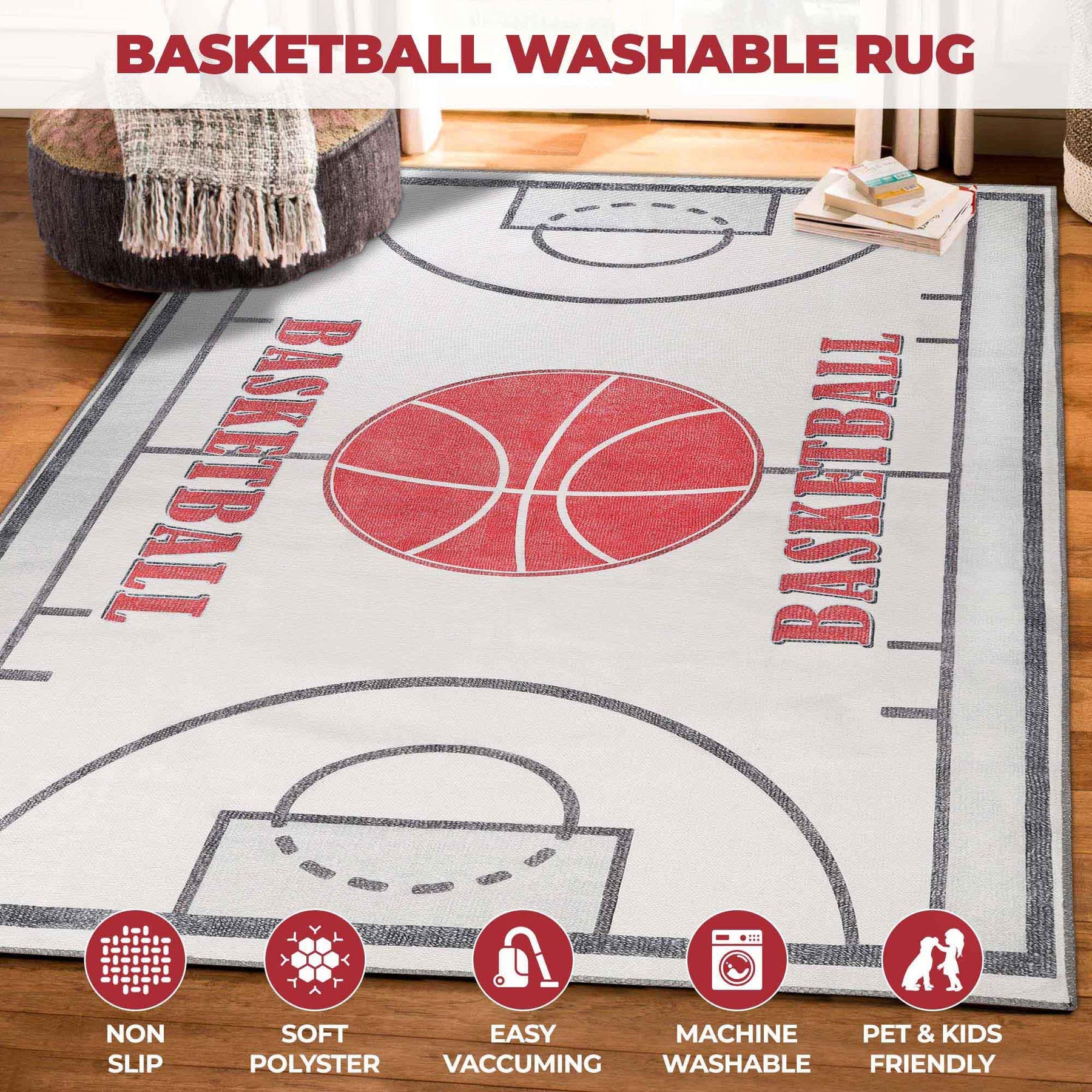 Basketball Court Non-Slip Kids Playroom Indoor Washable Area Rug