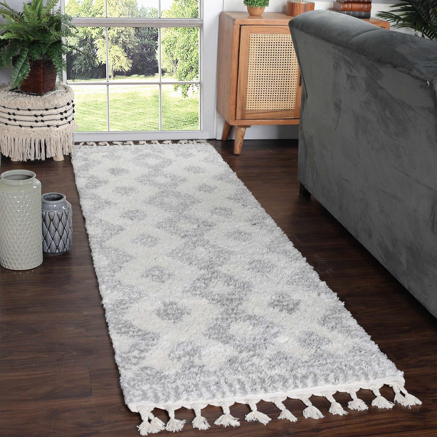 Bohemian Geometric Indoor Plush Shag Area Rug with Tassels