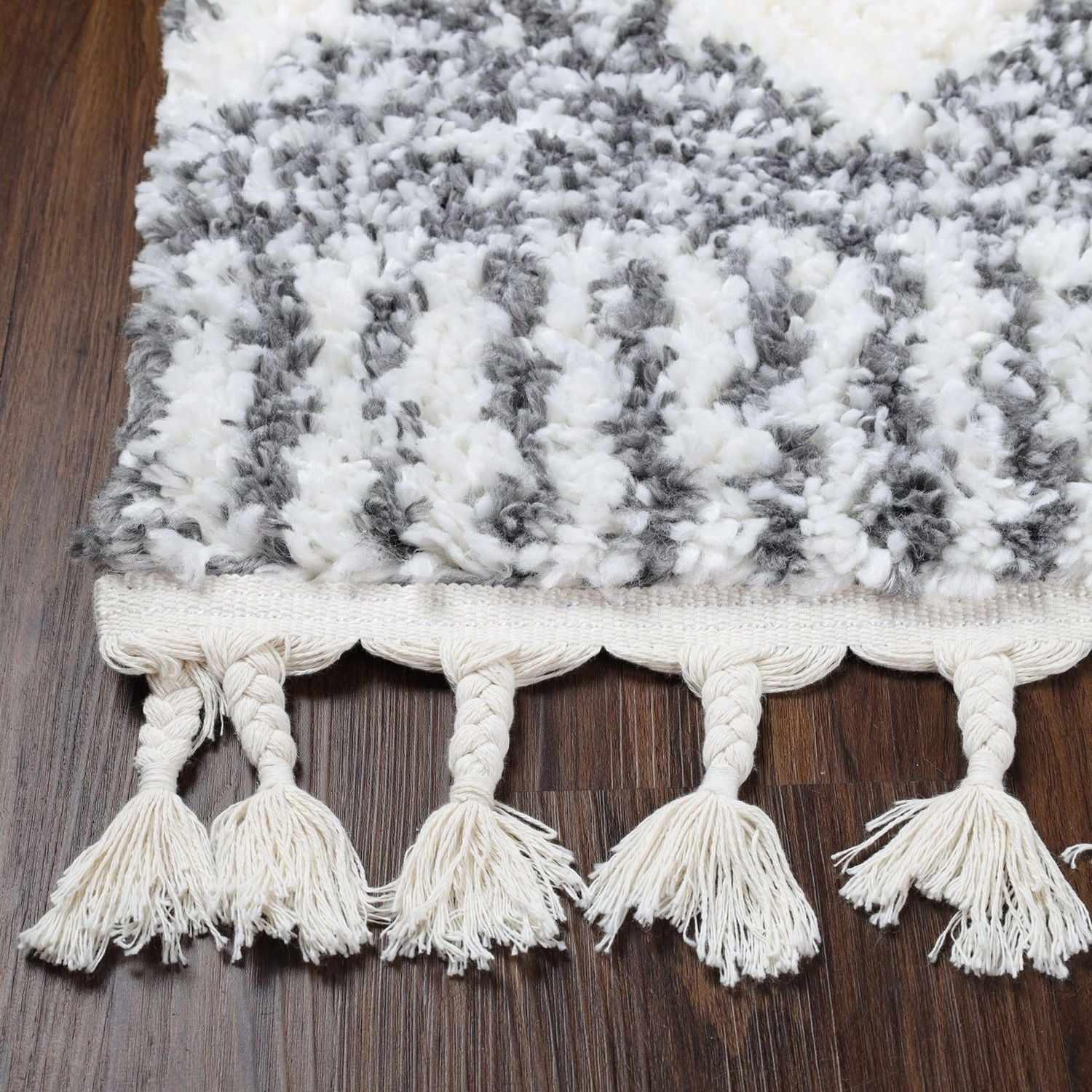 Bohemian Geometric Indoor Plush Shag Area Rug with Tassels