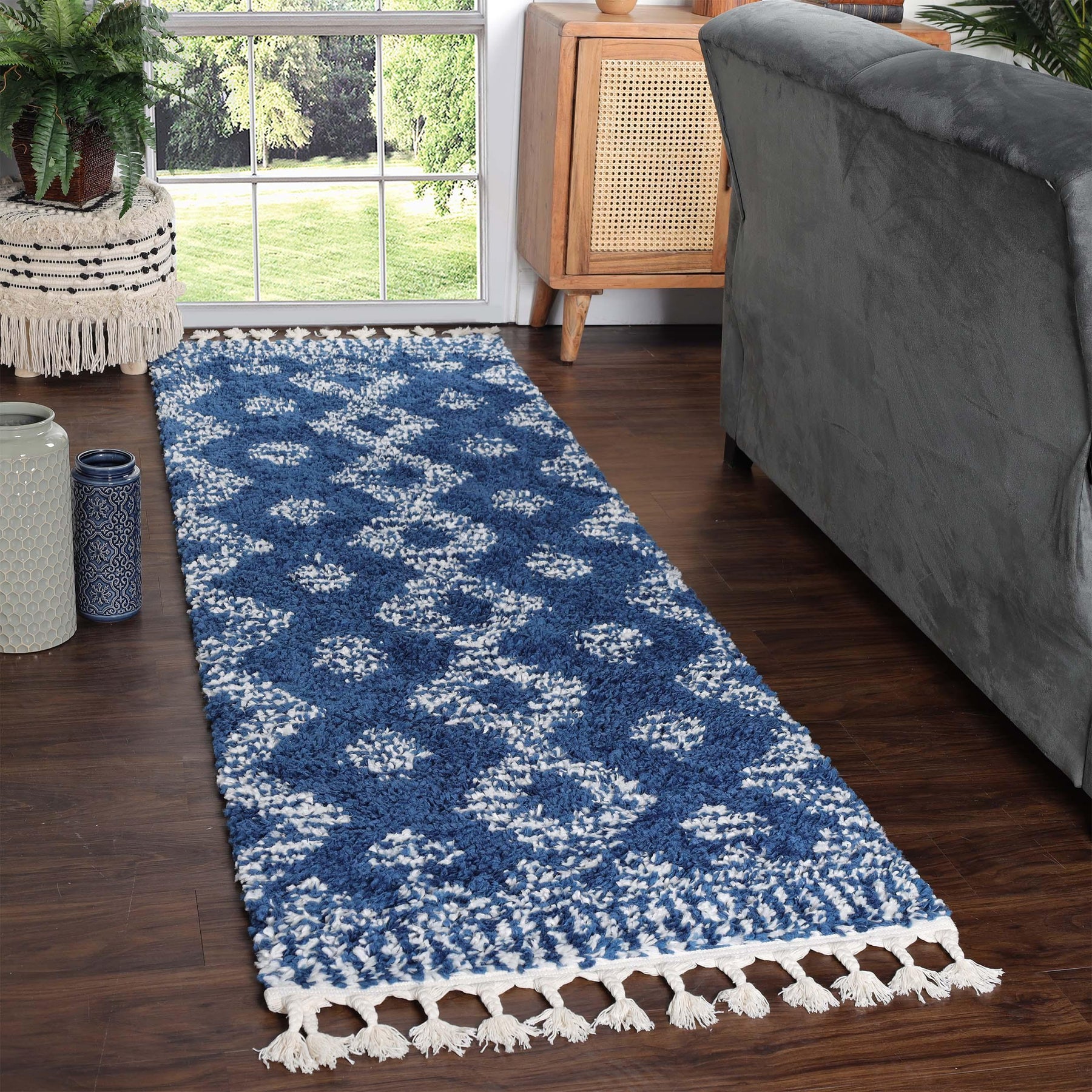 Bohemian Geometric Indoor Plush Shag Area Rug with Tassels