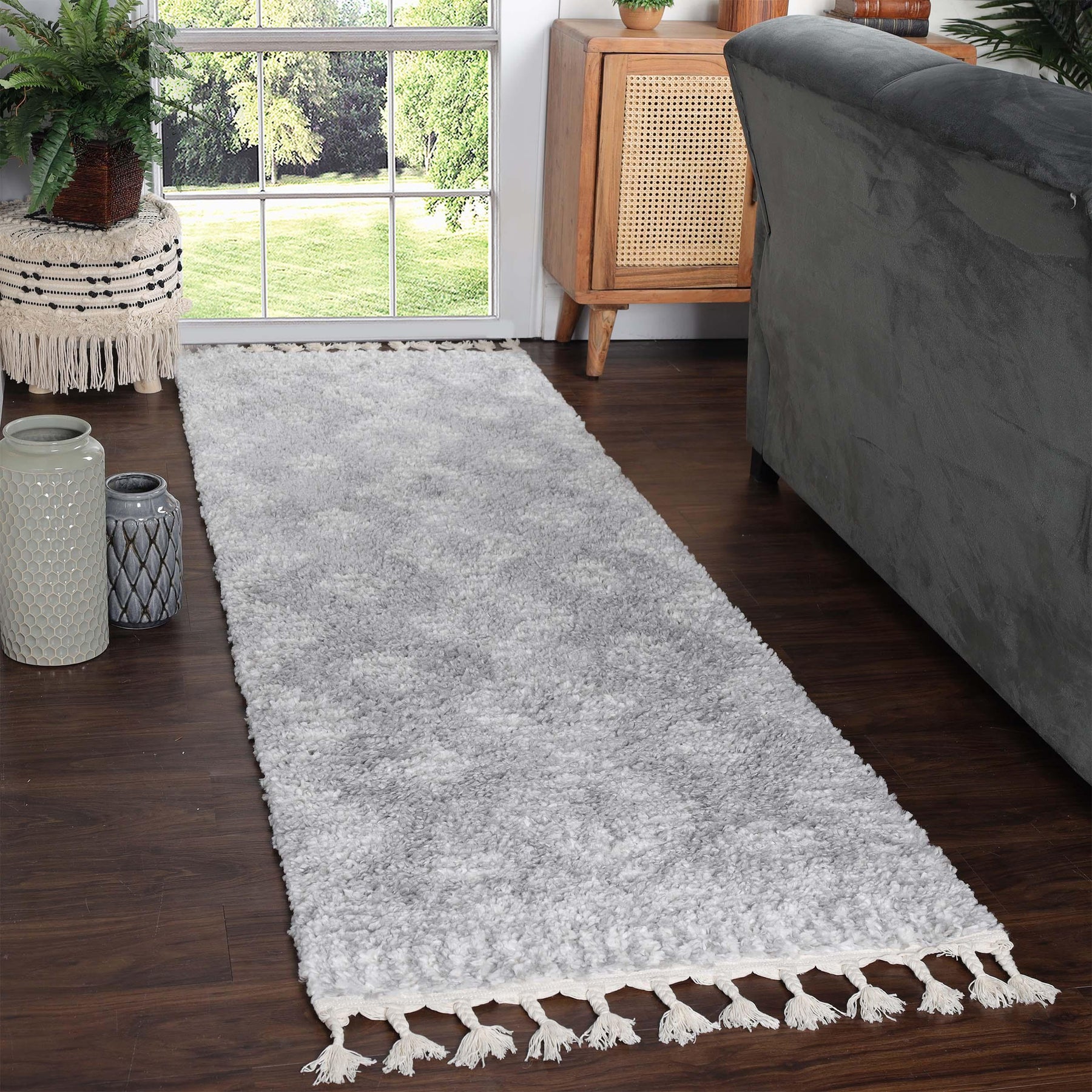 Bohemian Geometric Indoor Plush Shag Area Rug with Tassels
