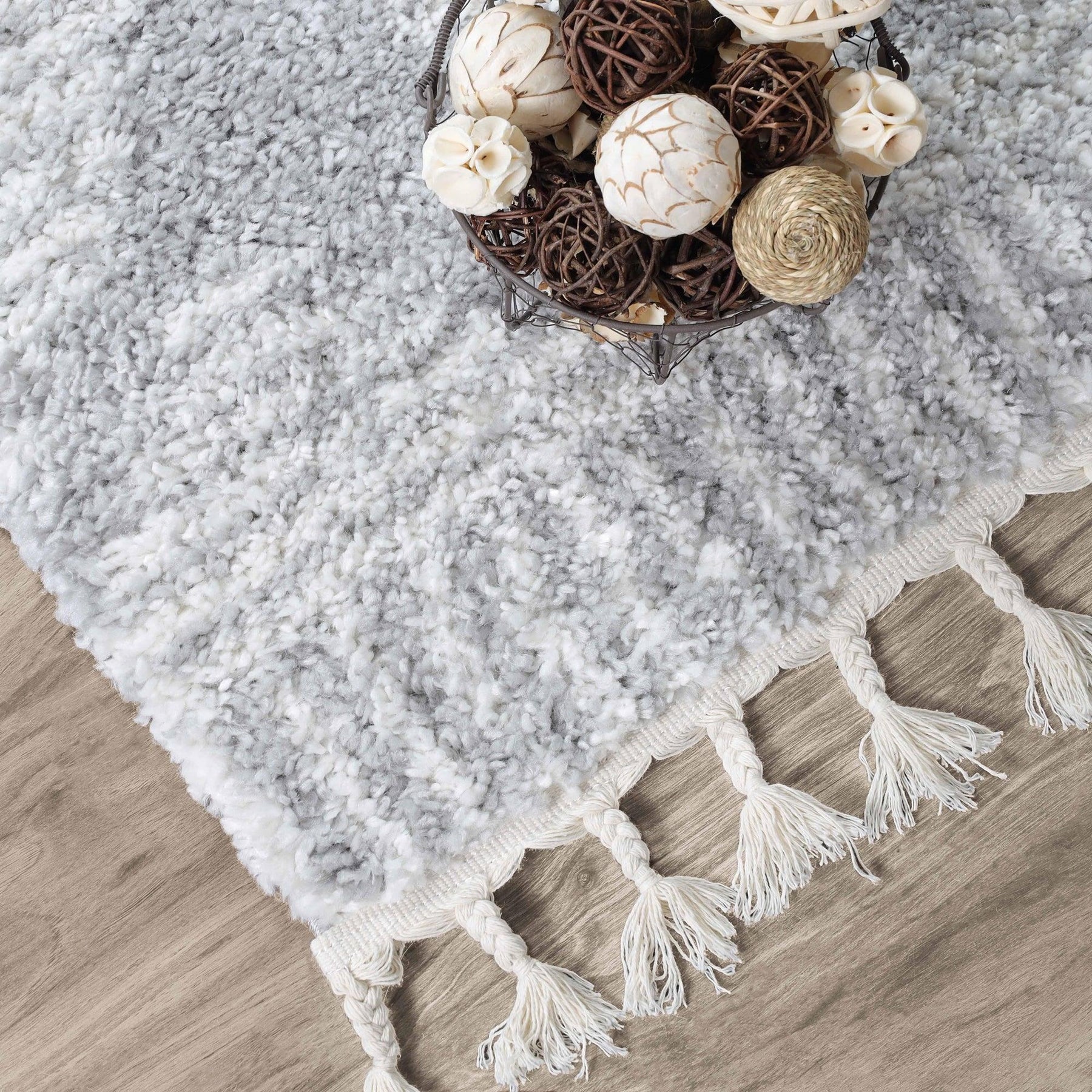 Bohemian Geometric Indoor Plush Shag Area Rug with Tassels