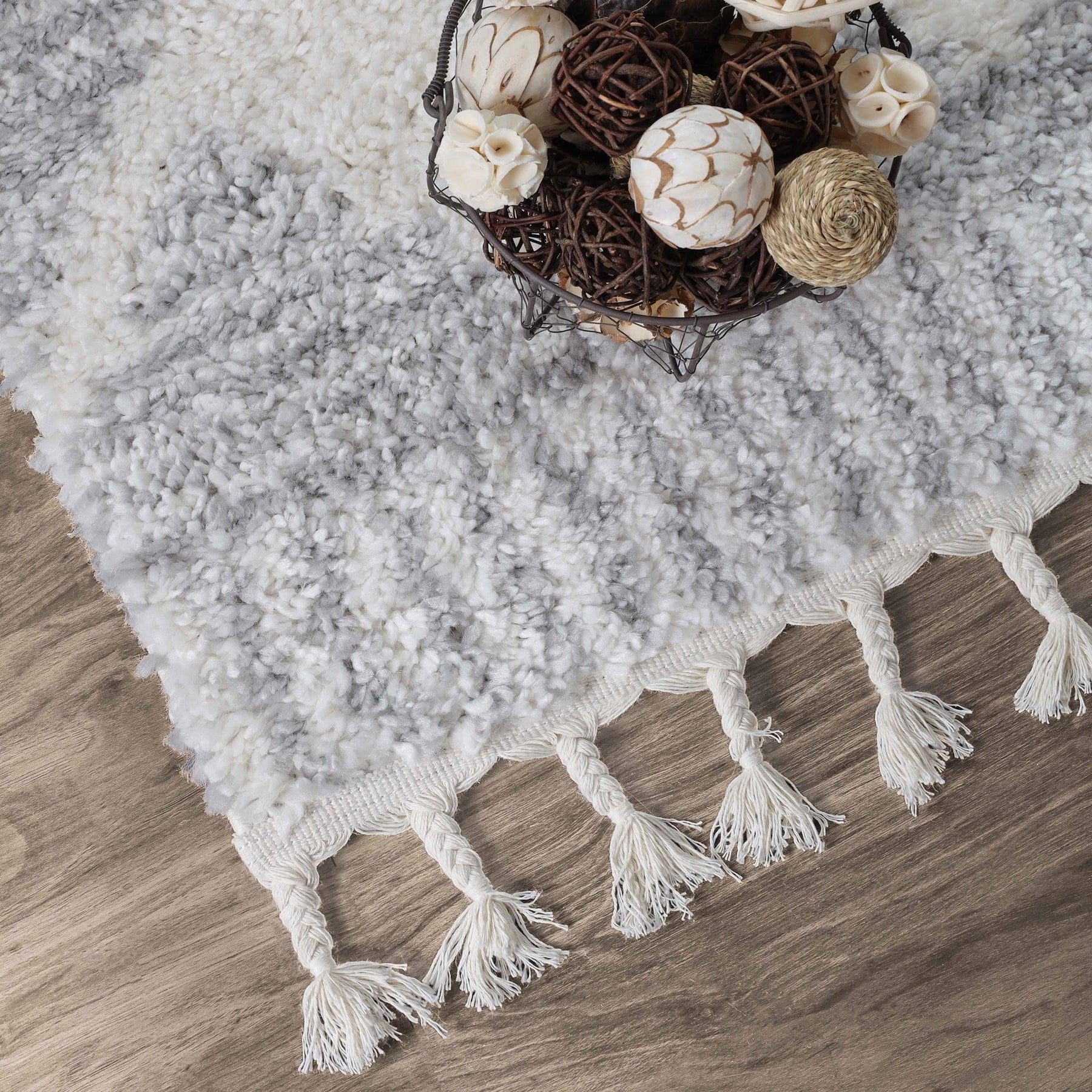 Bohemian Geometric Indoor Plush Shag Area Rug with Tassels