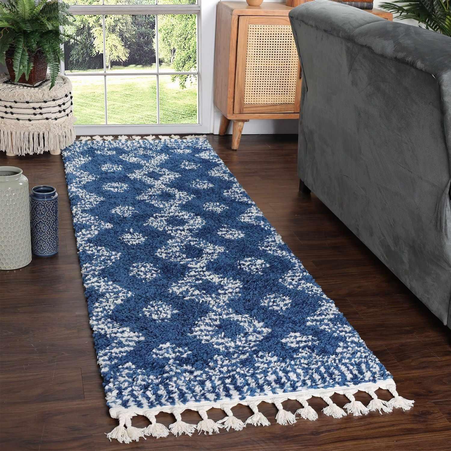 Bohemian Geometric Indoor Plush Shag Area Rug with Tassels