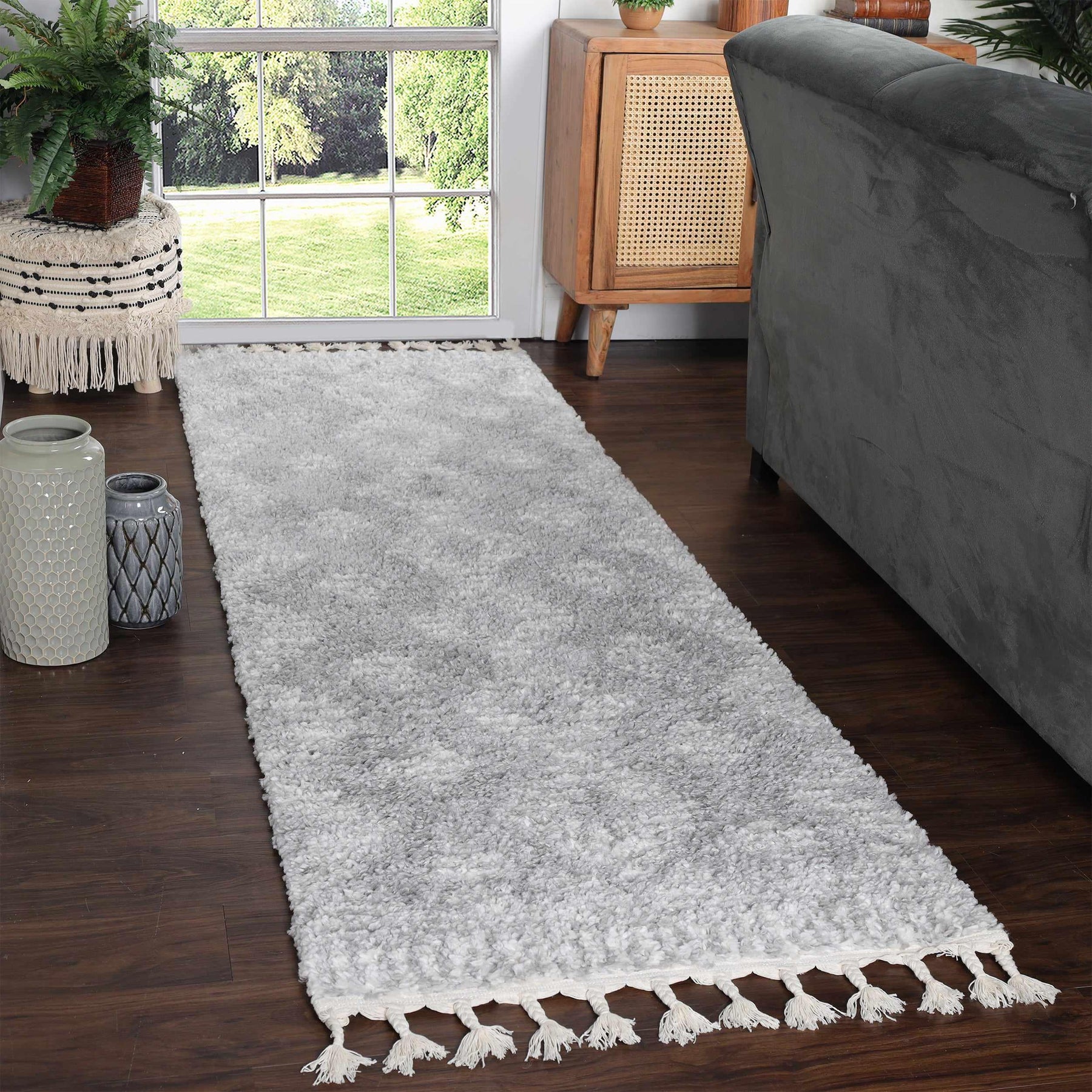Bohemian Geometric Indoor Plush Shag Area Rug with Tassels