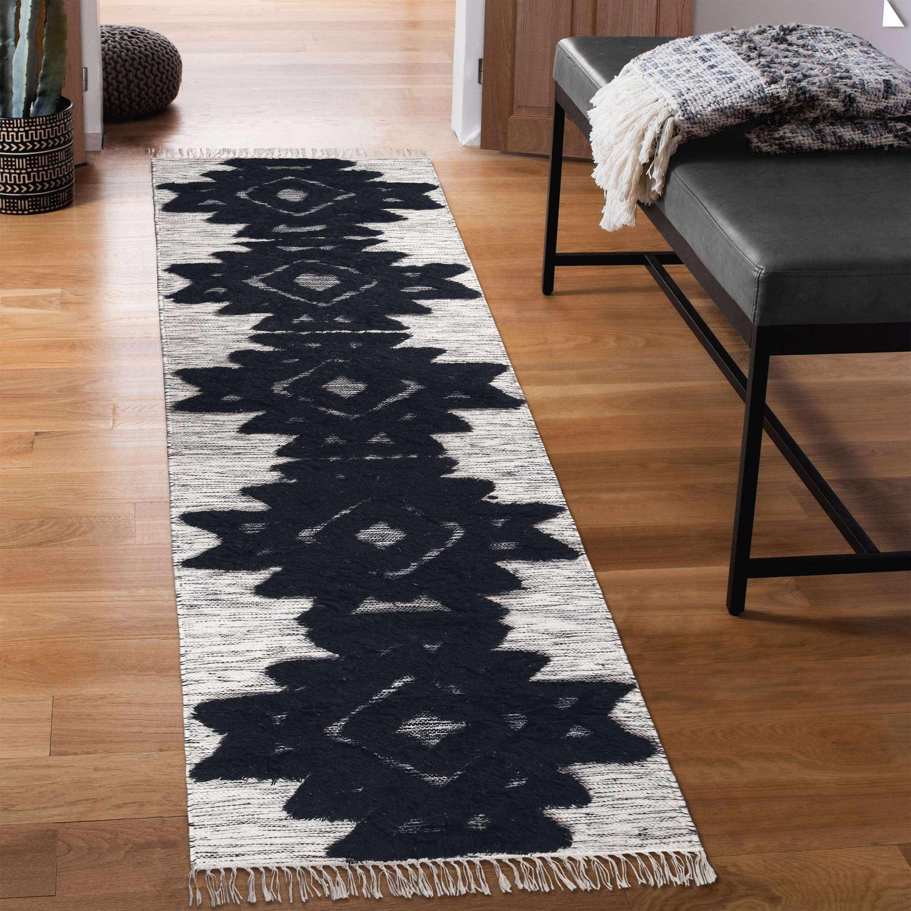 Bohemian Wool Geometric Medallion Fringe Indoor Area or Runner Rug