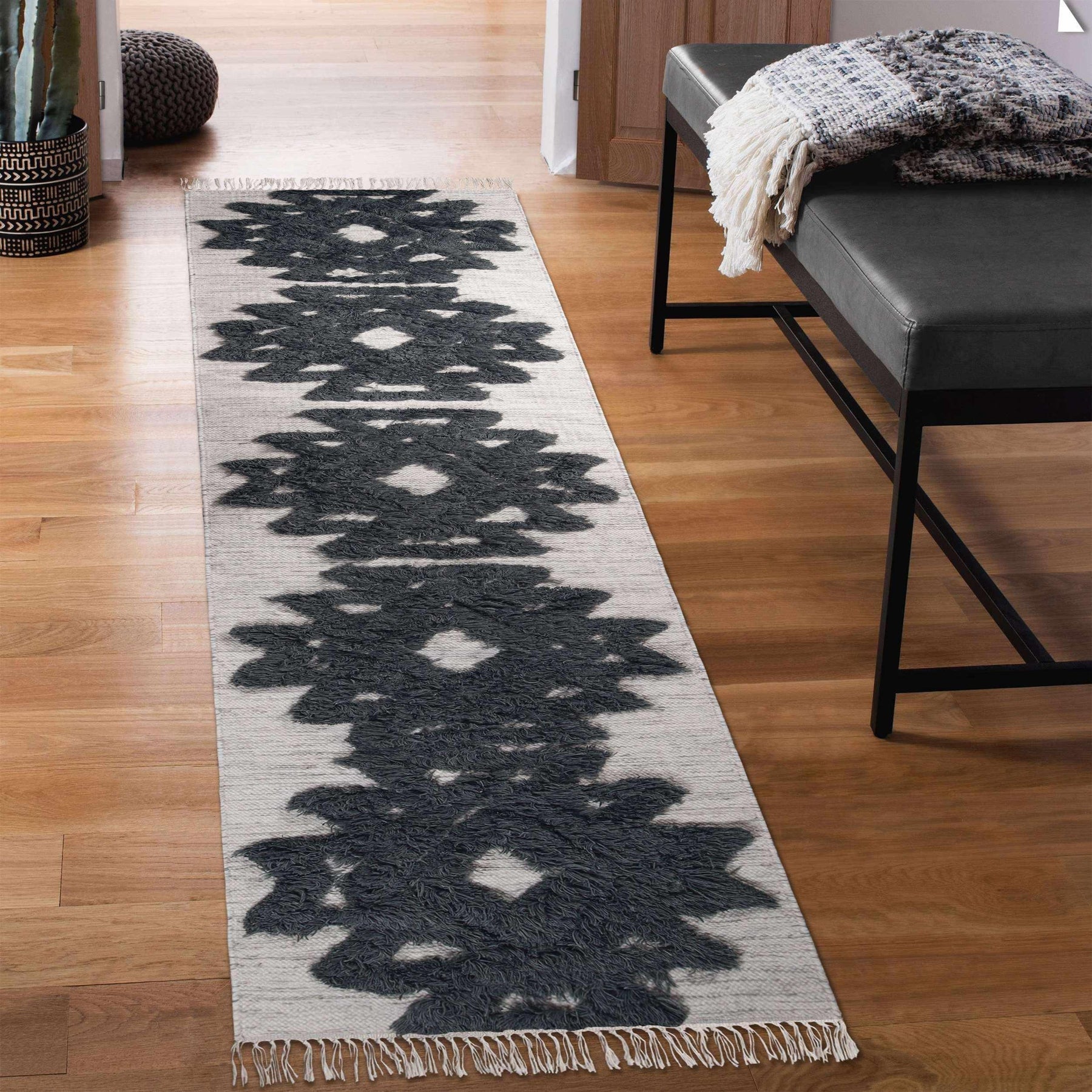Bohemian Wool Geometric Medallion Fringe Indoor Area or Runner Rug