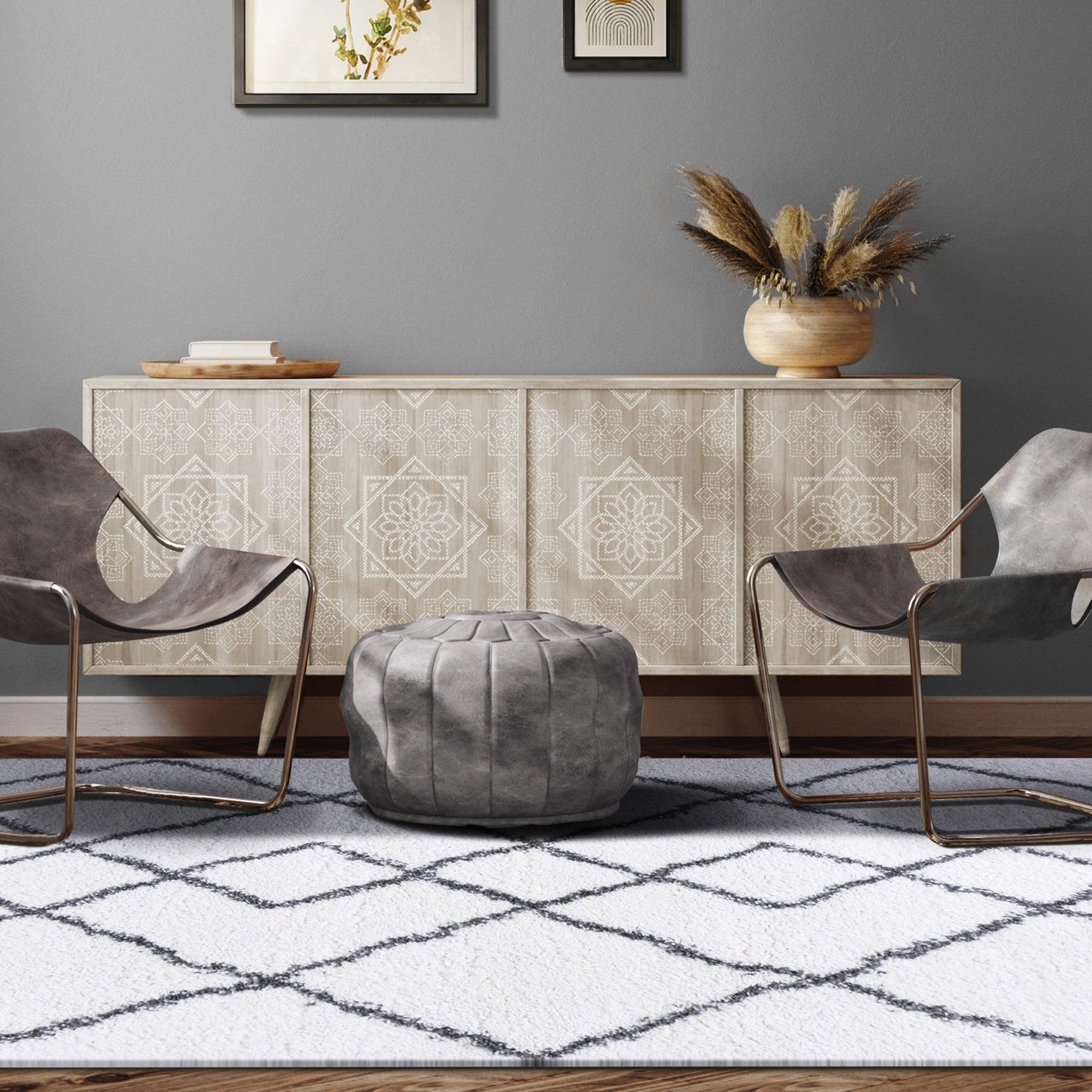 Boho Geometric Diamonds Indoor Plush Shag Area Rug with Tassels