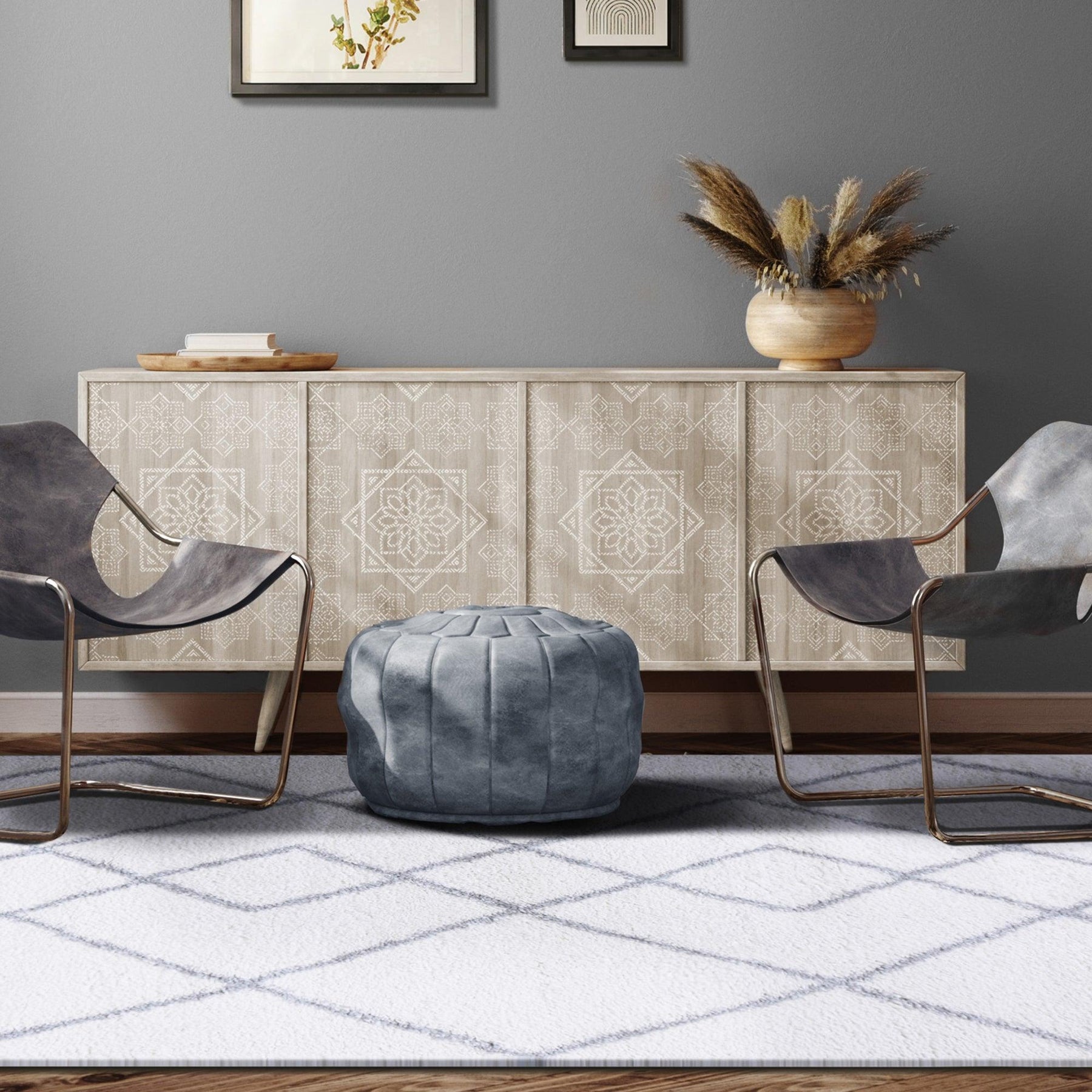 Boho Geometric Diamonds Indoor Plush Shag Area Rug with Tassels