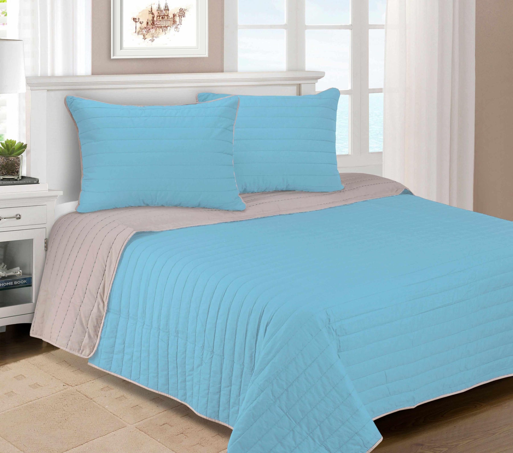Brandon Cotton Embroidered Solid Reversible Breathable Quilt Set