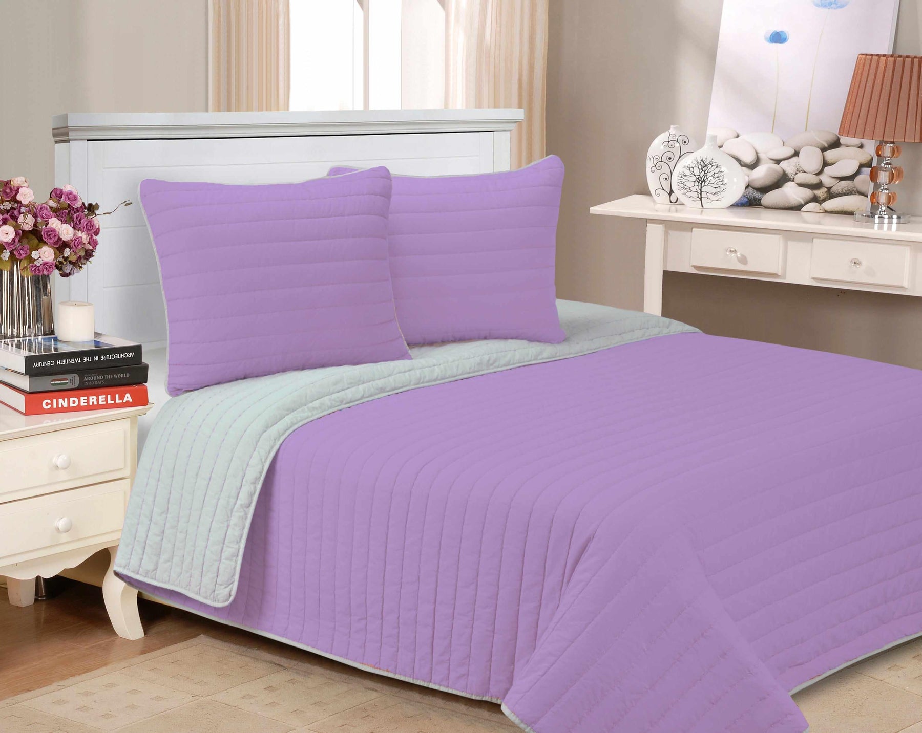 Brandon Cotton Embroidered Solid Reversible Breathable Quilt Set