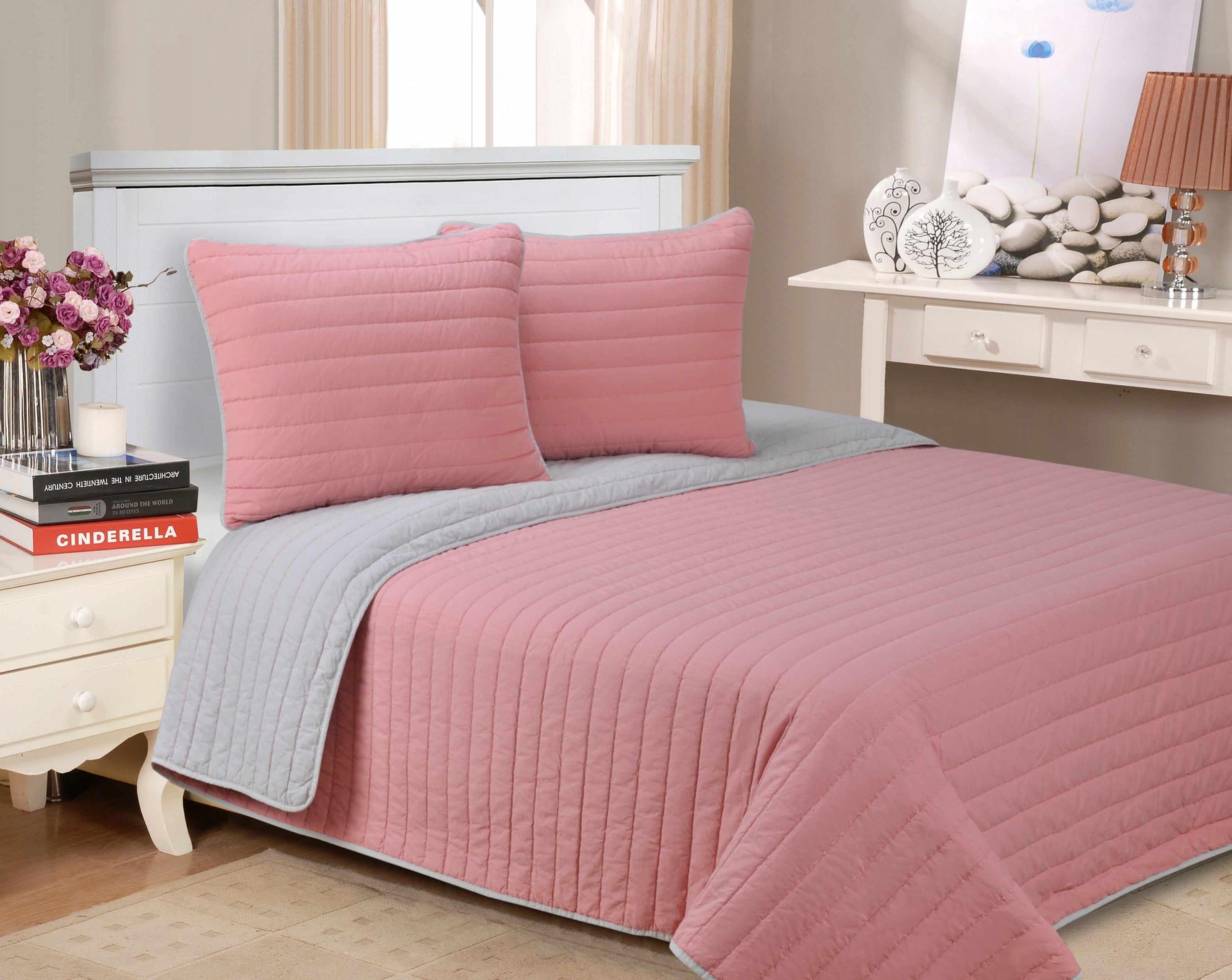 Brandon Cotton Embroidered Solid Reversible Breathable Quilt Set