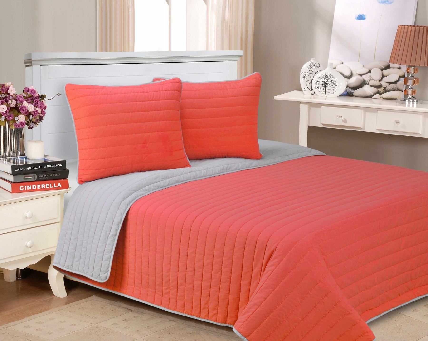 Brandon Cotton Embroidered Solid Reversible Breathable Quilt Set