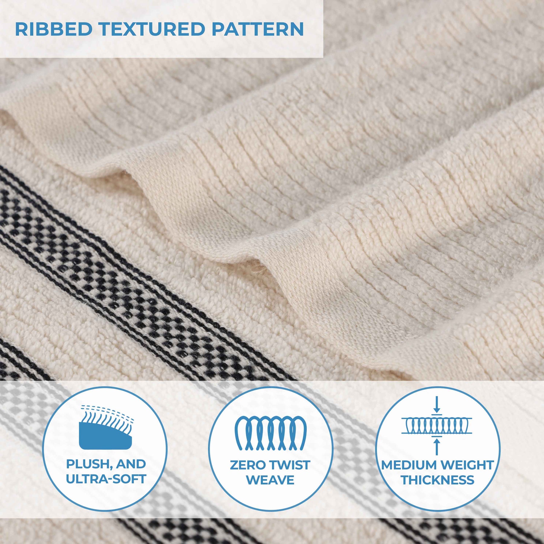 Brea Zero Twist Cotton Ribbed Geometric Border 3 Piece Towel Set