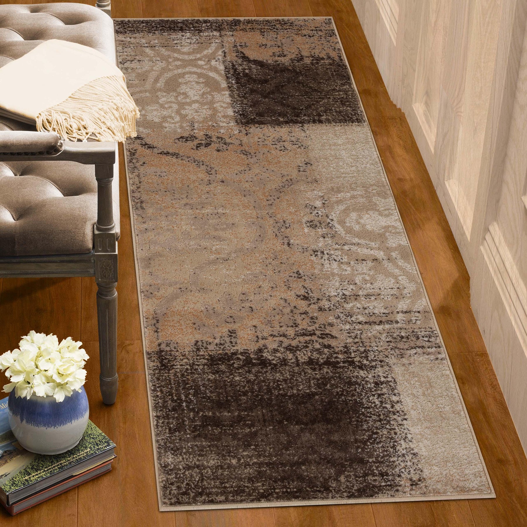 Bristol Distressed Abstract Damask Indoor Area Rug or Runner Rug