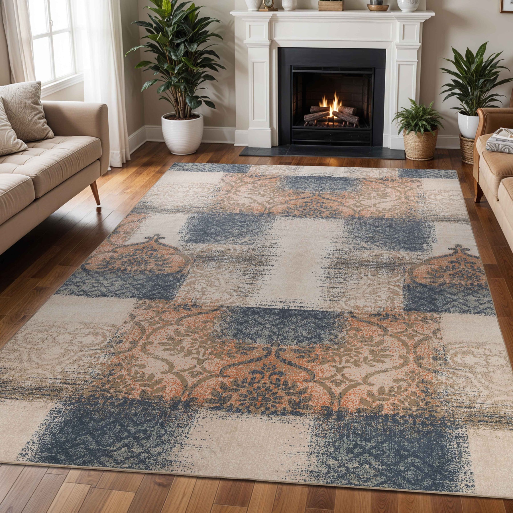 Bristol Distressed Abstract Damask Indoor Area Rug or Runner Rug
