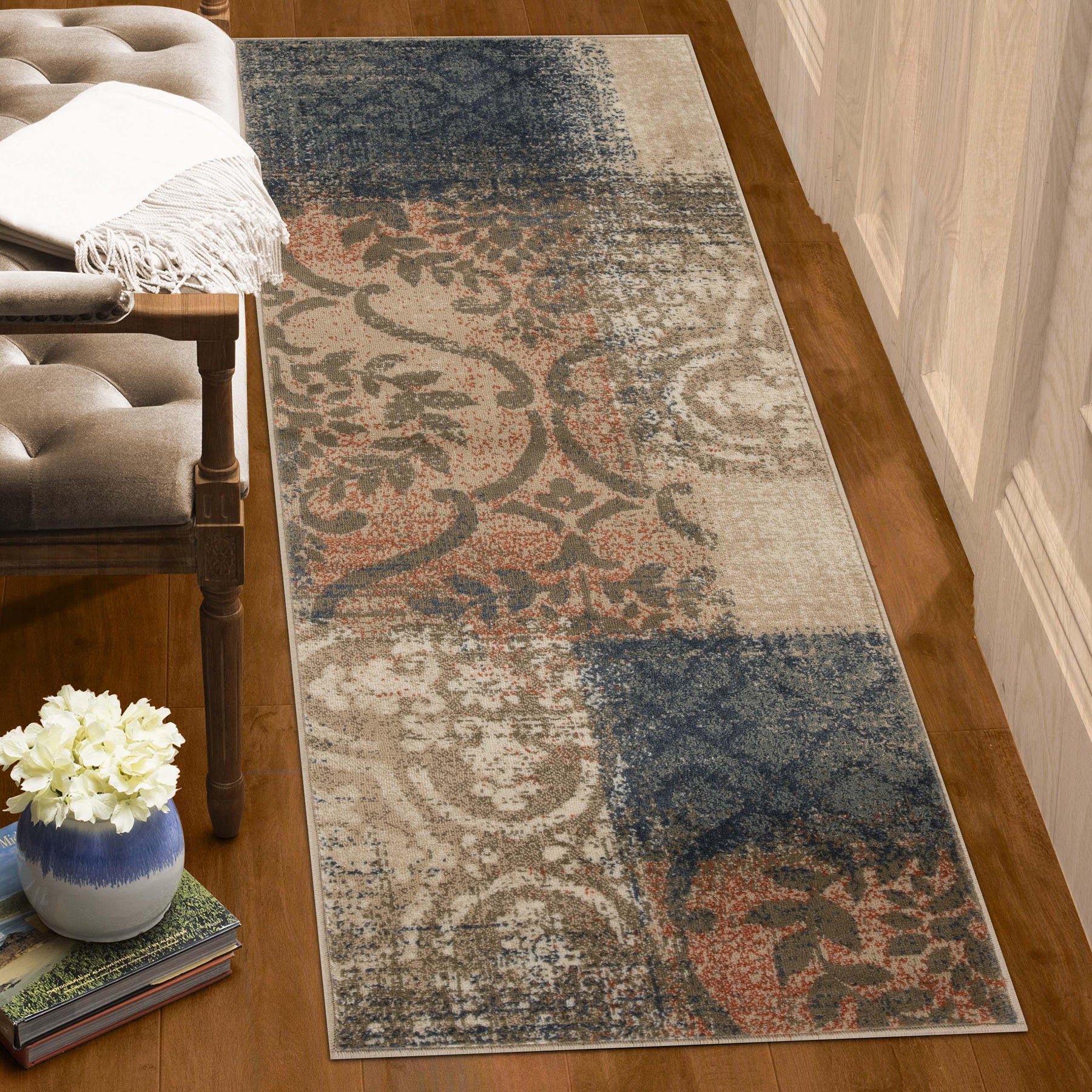 Bristol Distressed Abstract Damask Indoor Area Rug or Runner Rug