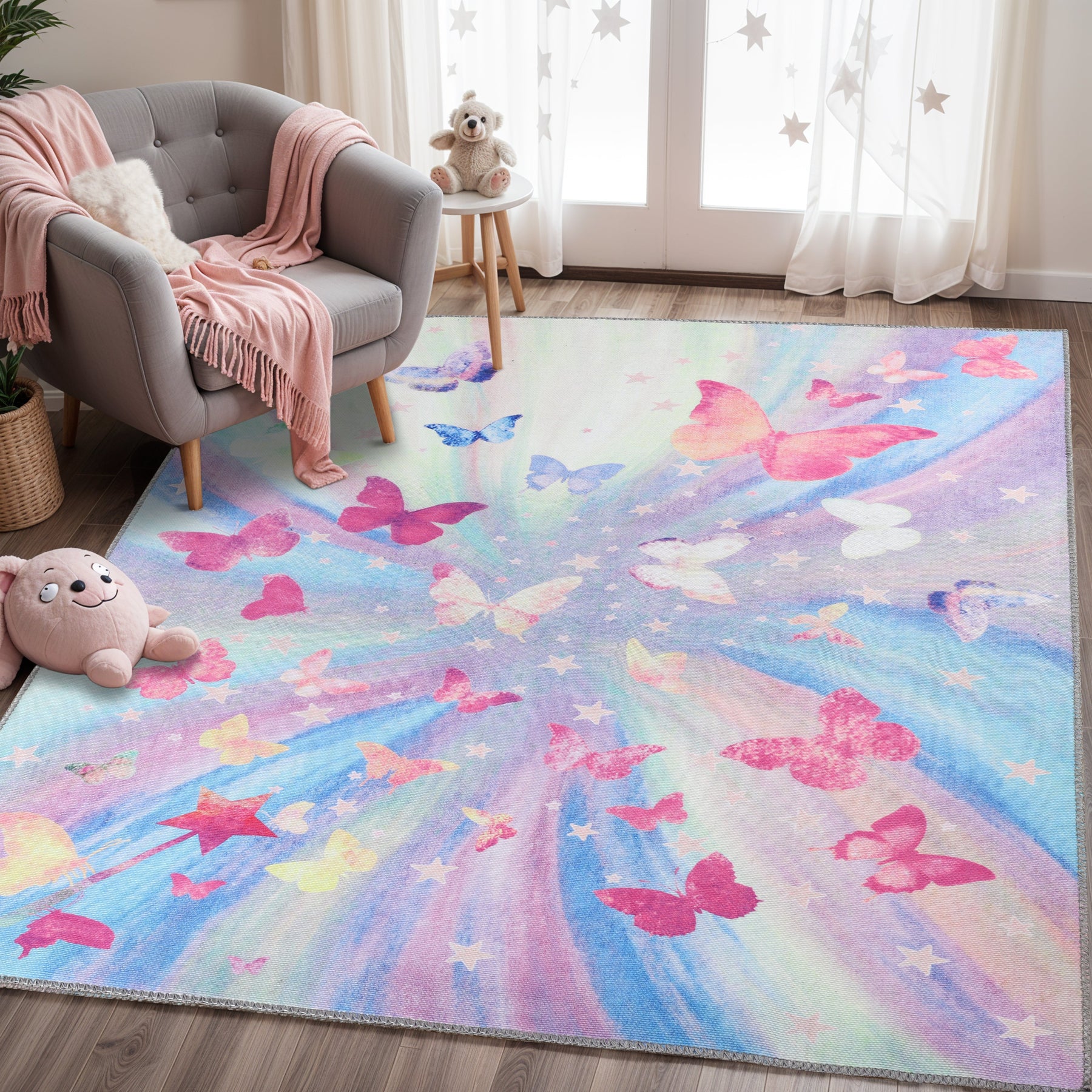 Butterfly Non-Slip Kids Playroom Nursery Washable Indoor Area Rug