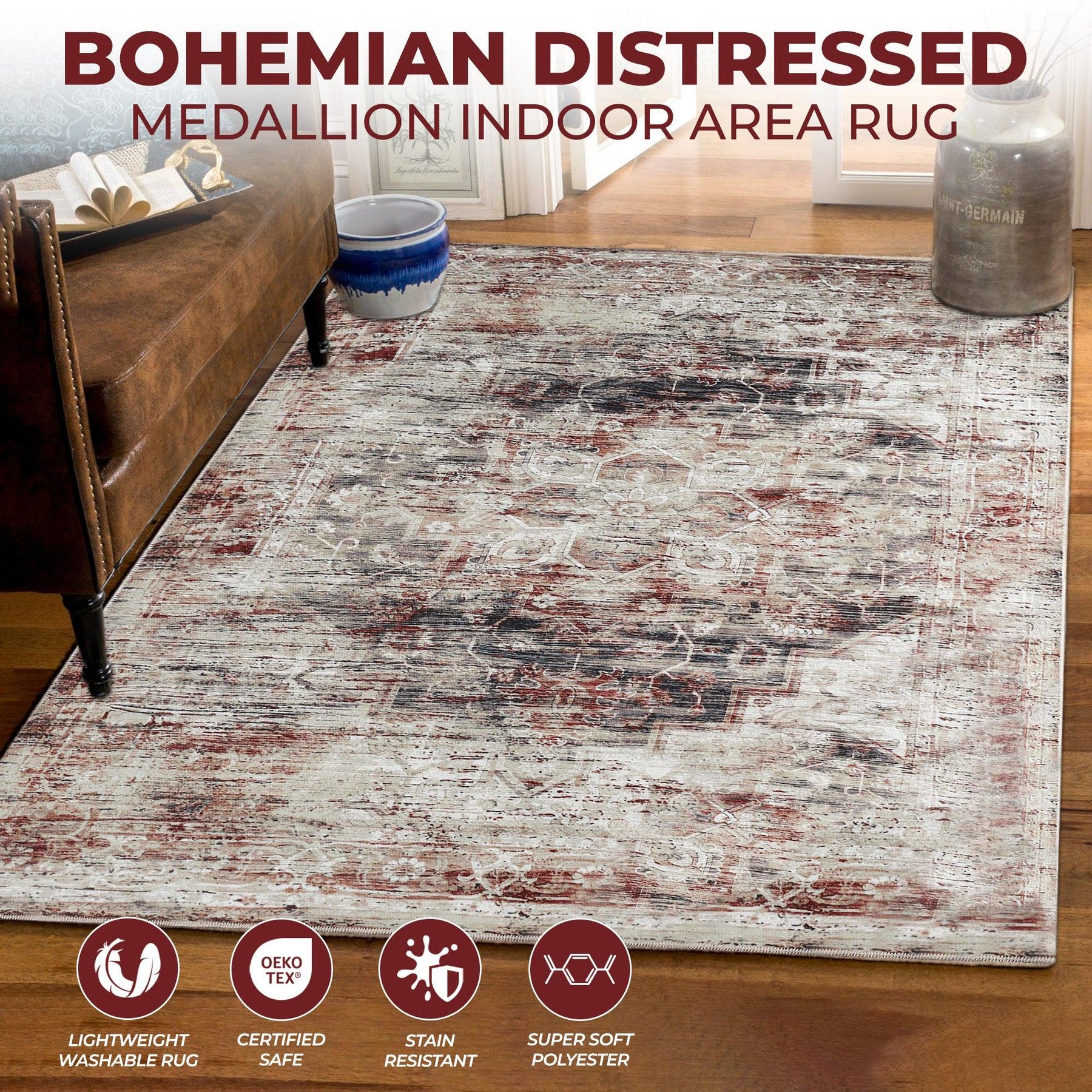 Canary Vintage Distressed Medallion Washable Indoor Area Rug