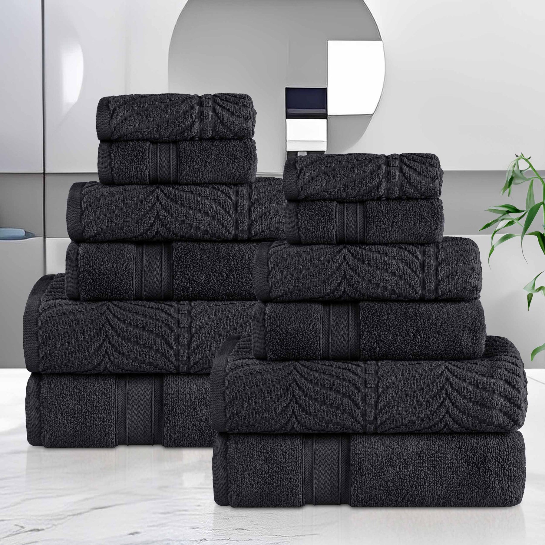 Chevron Zero Twist Solid and Jacquard Soft Cotton 12 Piece Towel Set