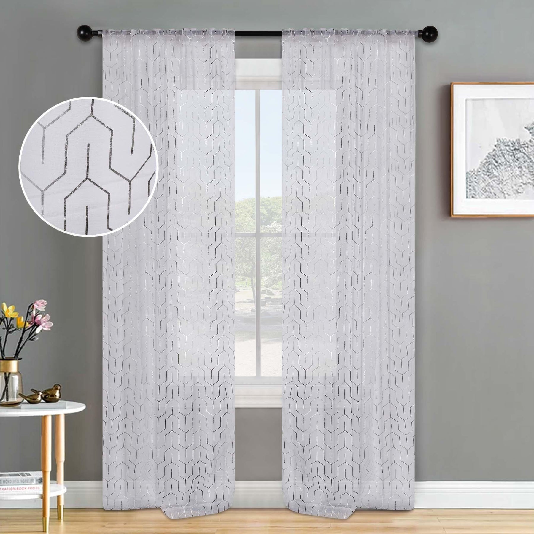 Cormac Printed Geometric Trellis Sheer Curtain Set of 2 Panels