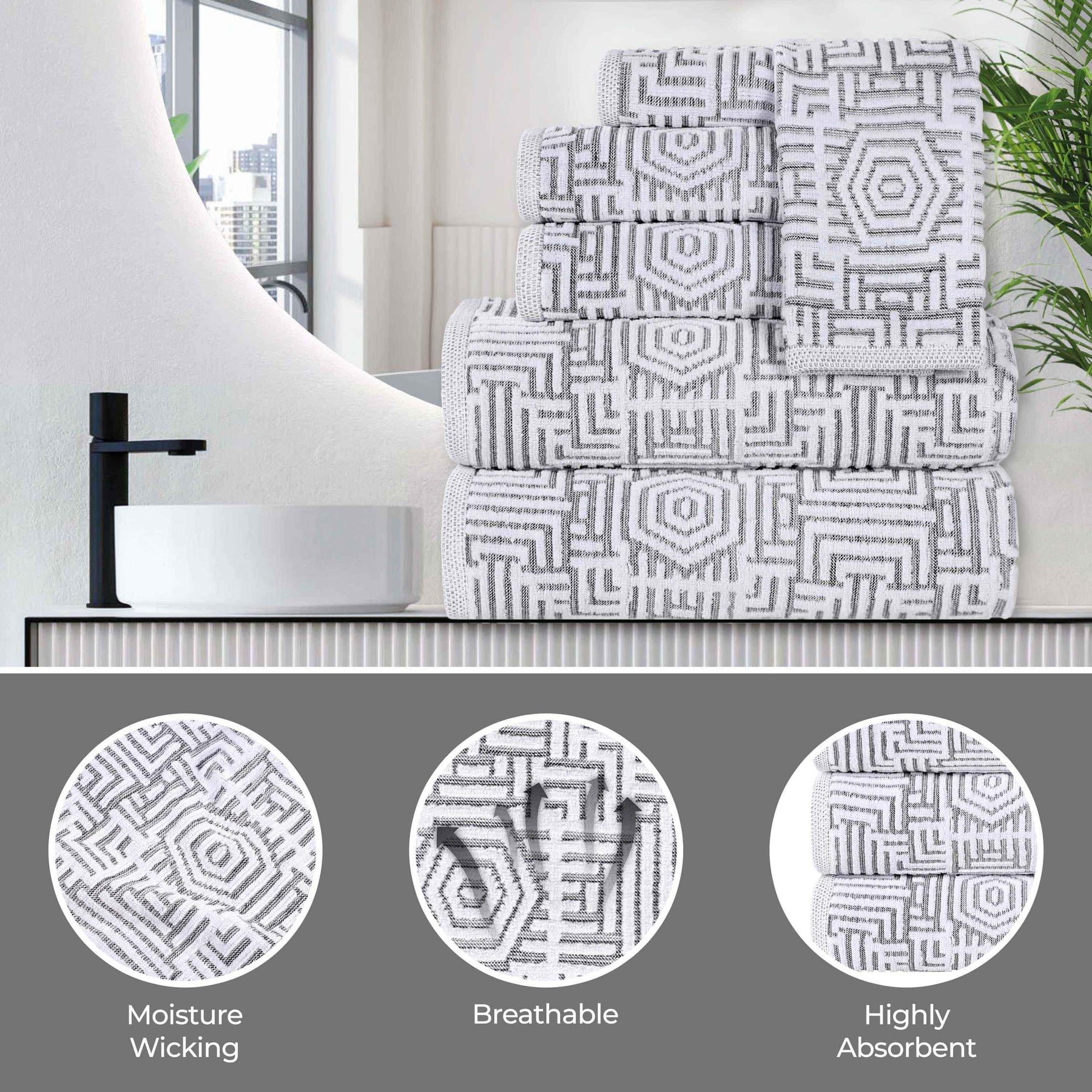 Cotton Modern Geometric Jacquard Plush Absorbent 3-Piece Towel Set