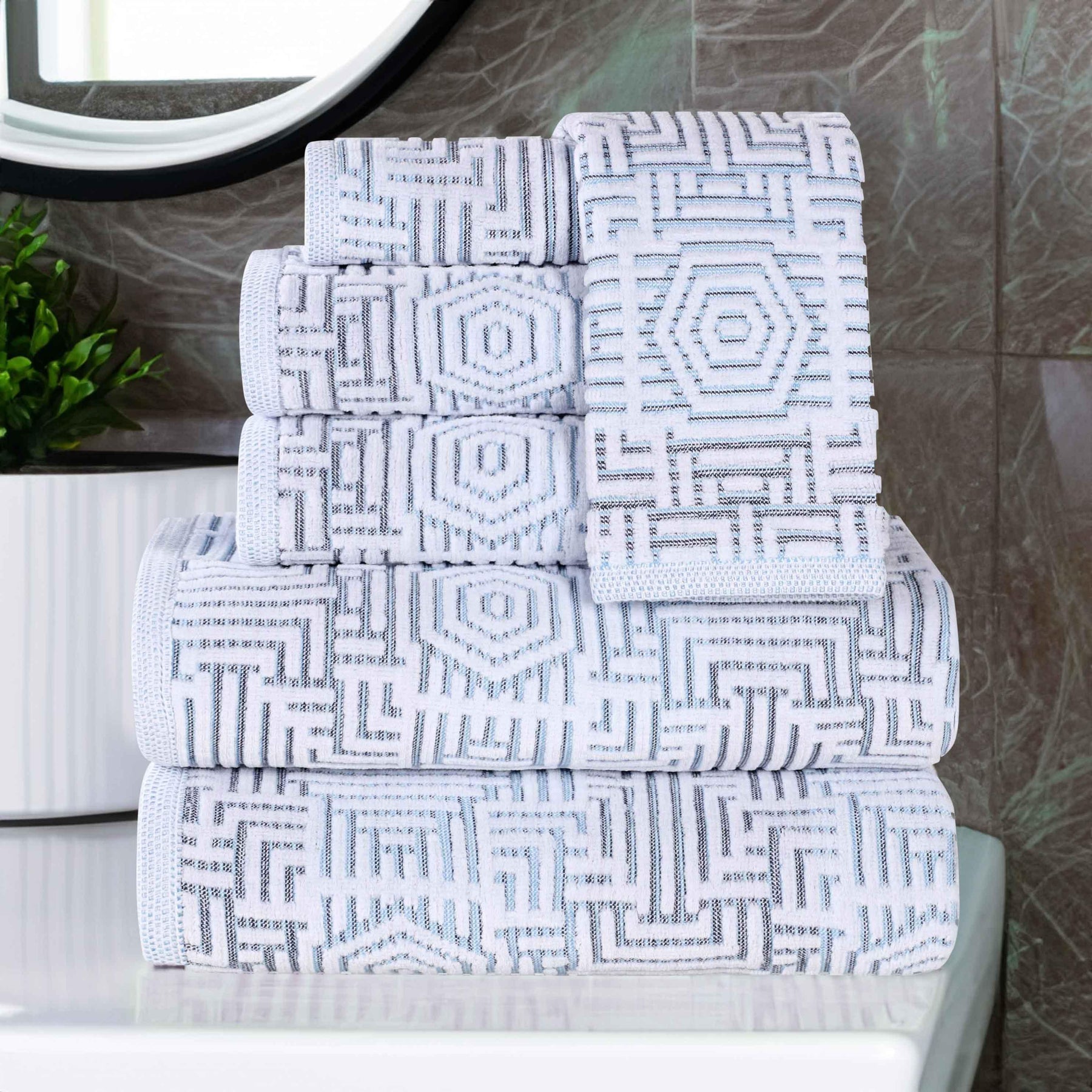 Cotton Modern Geometric Jacquard Plush Absorbent 6 Piece Towel Set