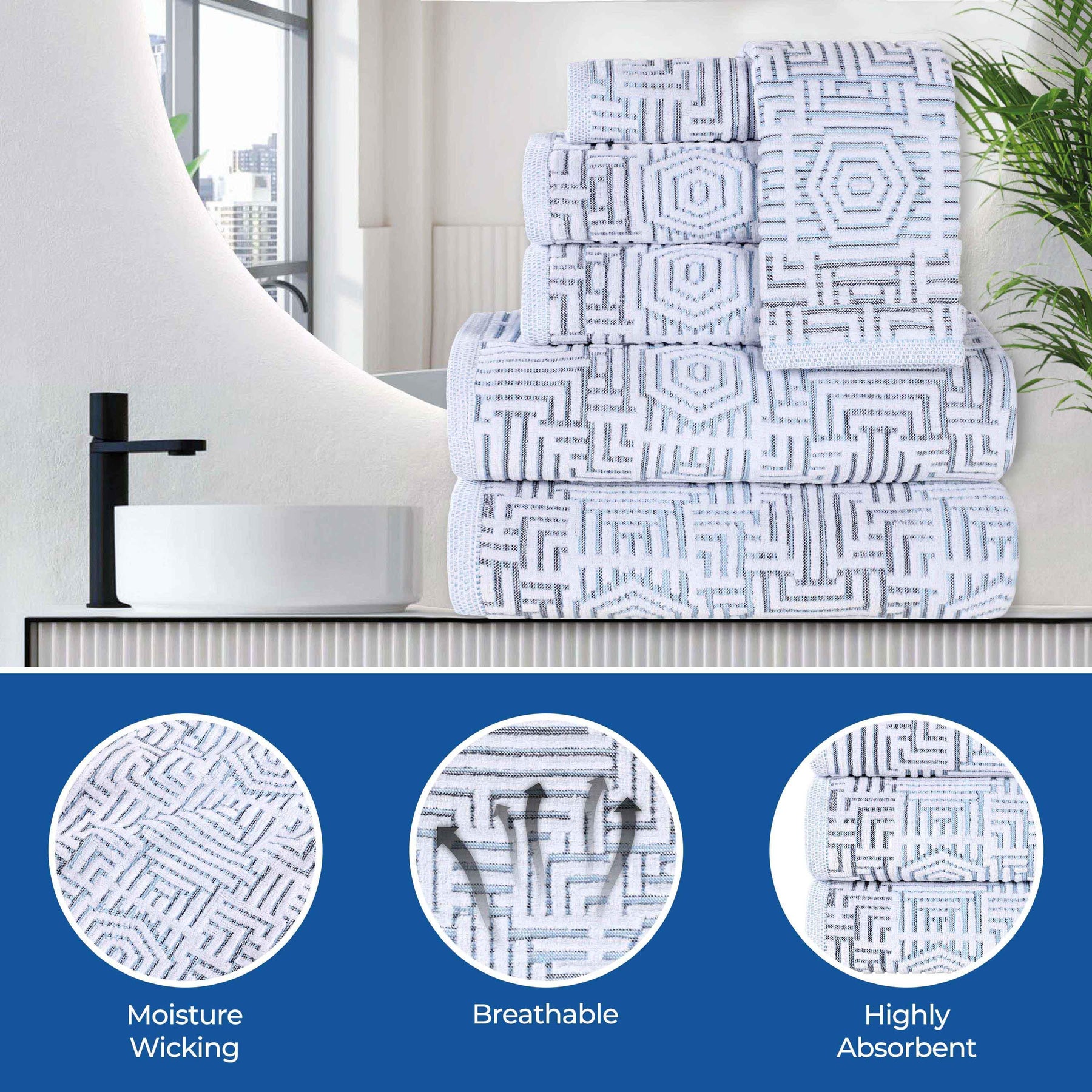 Cotton Modern Geometric Jacquard Plush Absorbent 6 Piece Towel Set