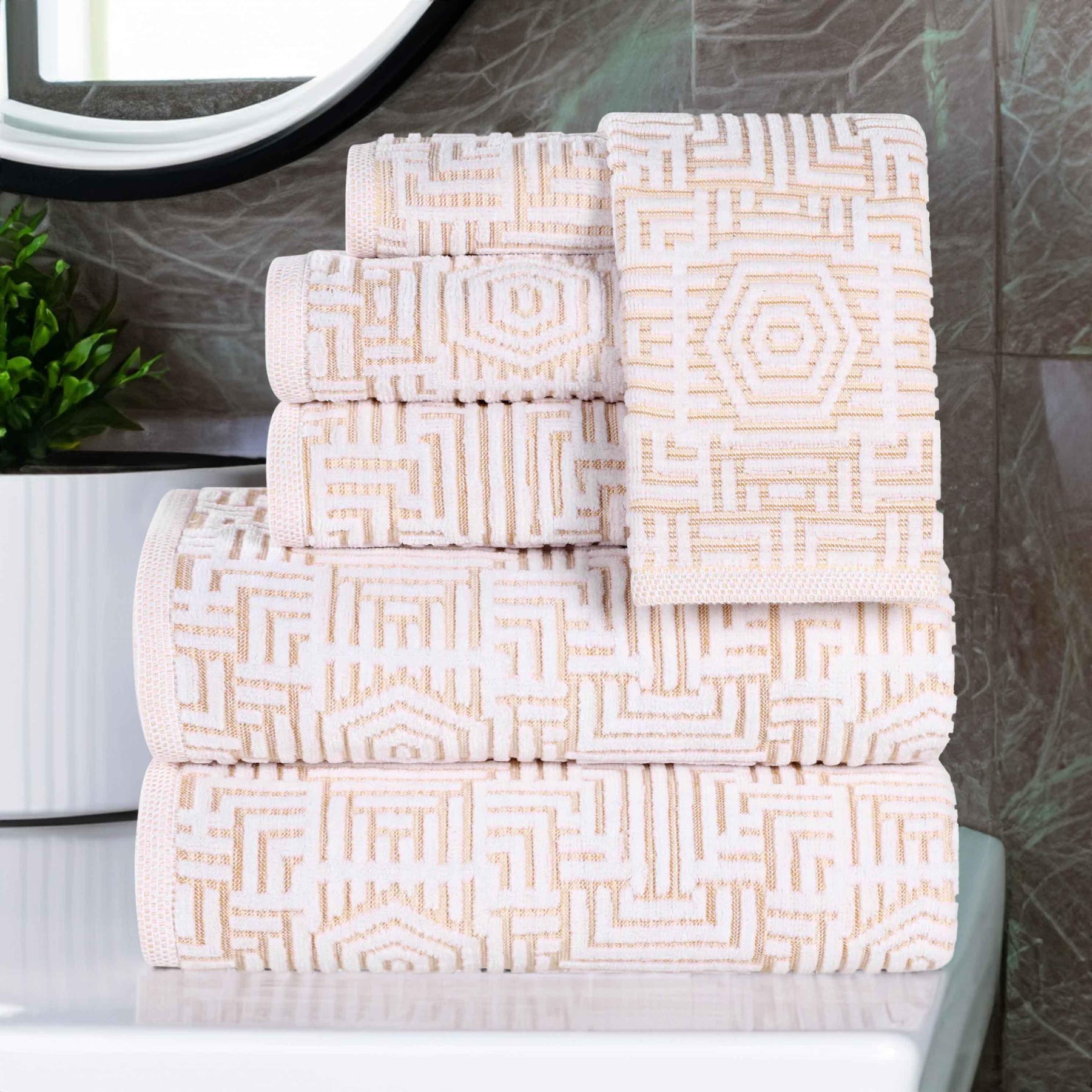 Cotton Modern Geometric Jacquard Plush Absorbent 6 Piece Towel Set