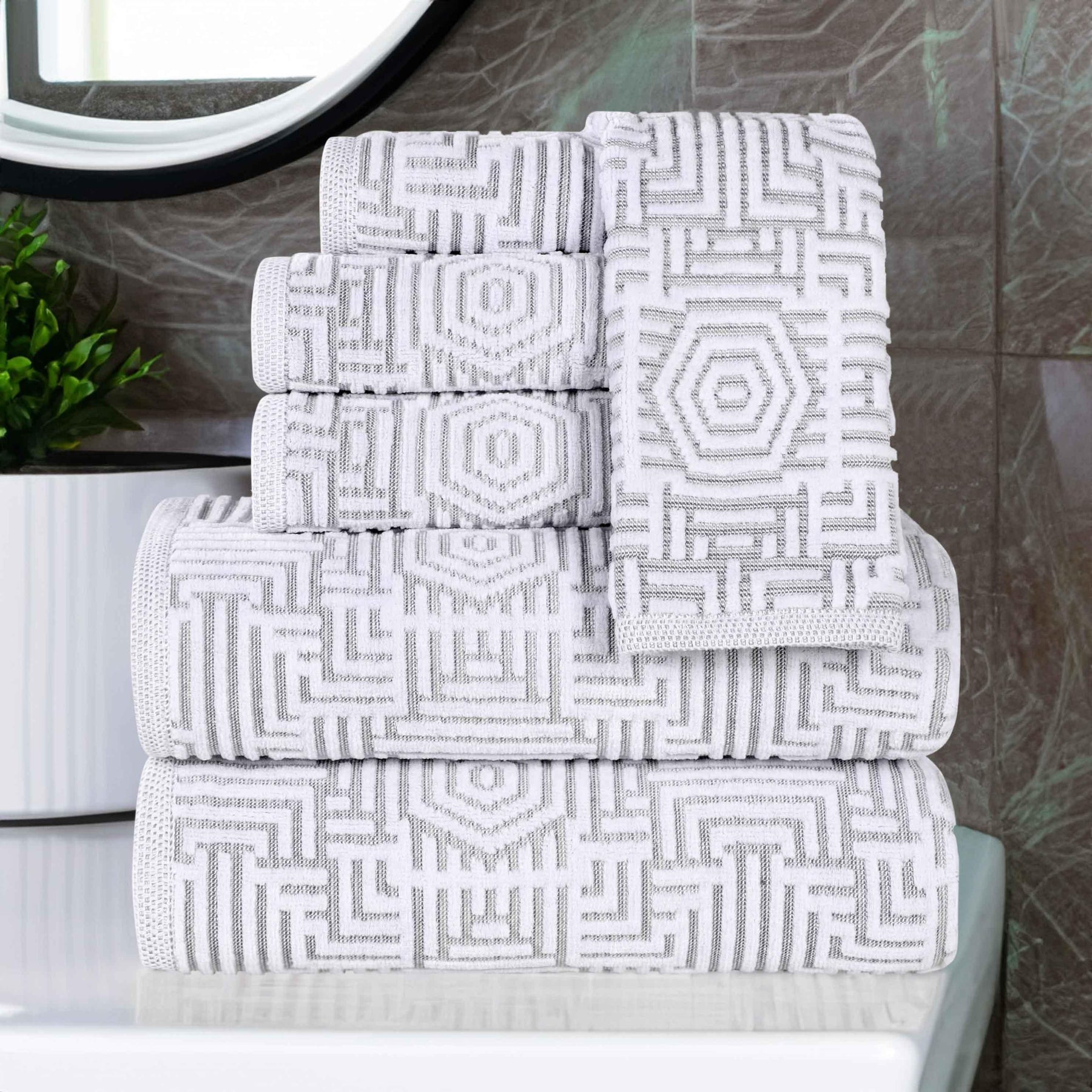 Cotton Modern Geometric Jacquard Plush Absorbent 6 Piece Towel Set